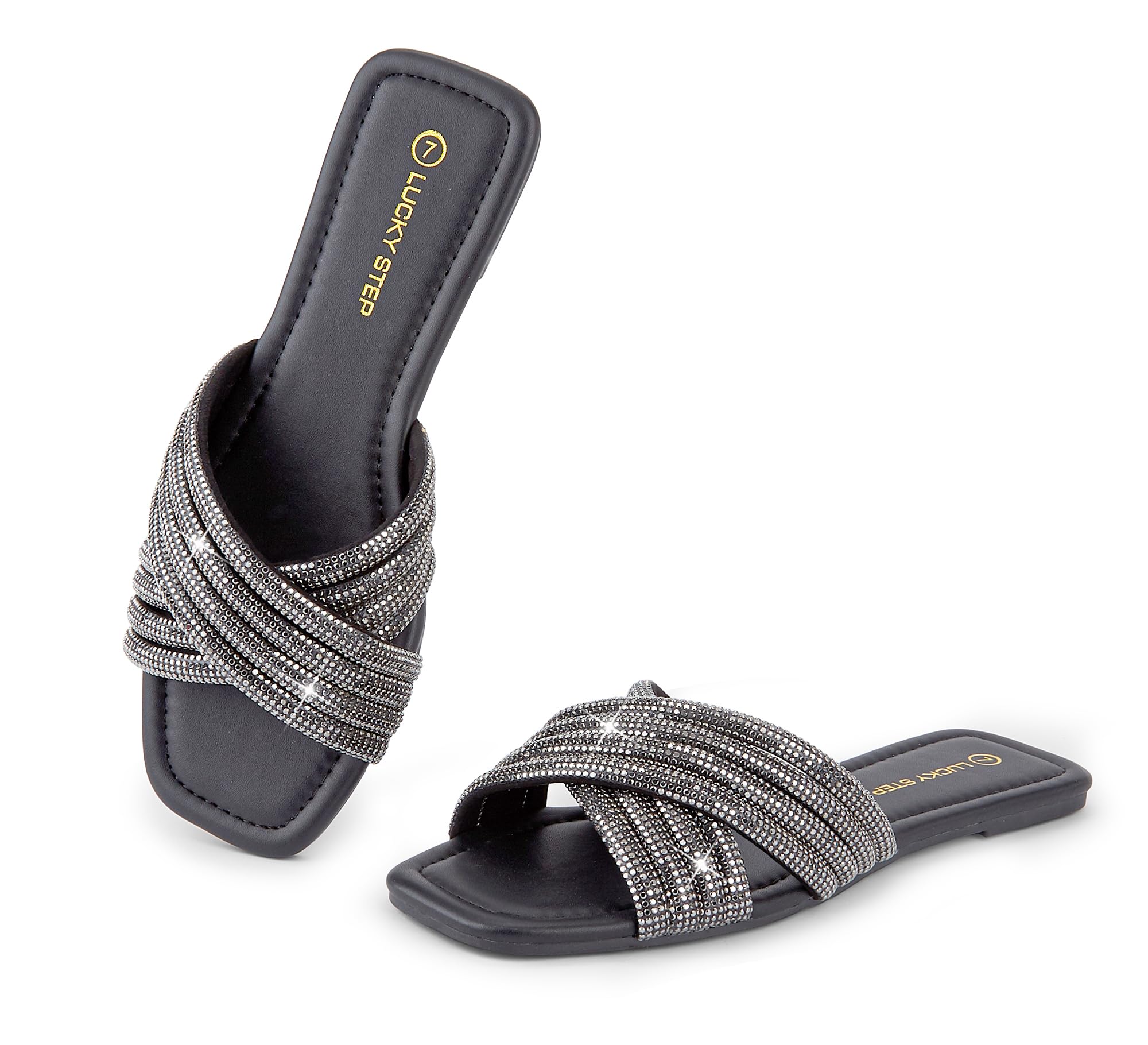 LUCKY STEP Women's Rhinestone Flat Sandals Open Toe Summer Glitter Bling Sparkle Dressy Slip on Outdoor Crossed Strap Slide