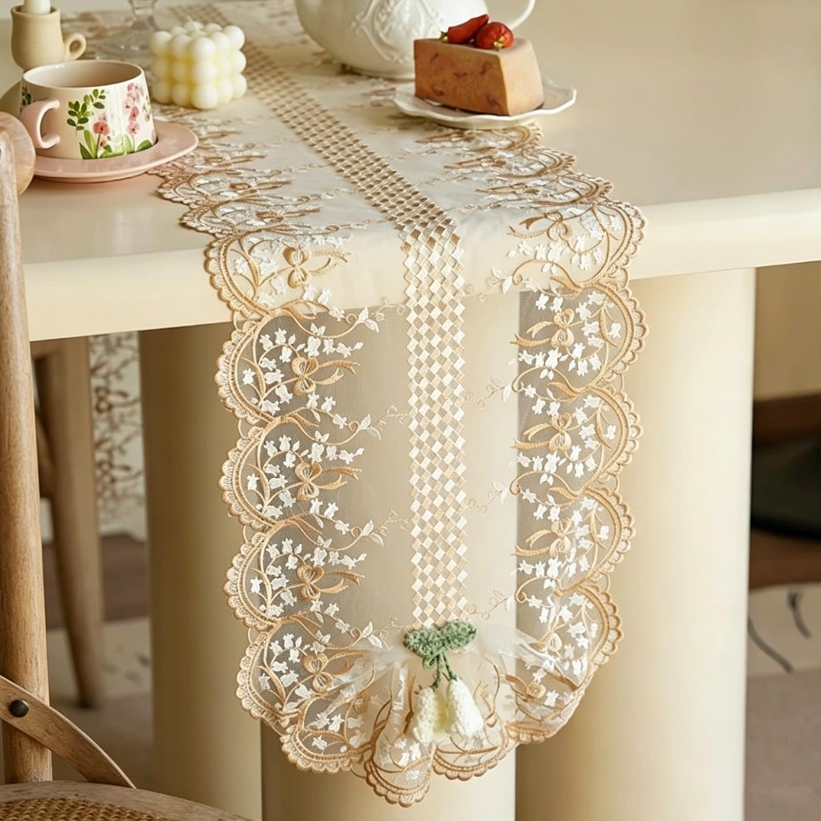 Romantic Lace Table Runner,Long Dining Table Runner,Cozy,Comfortable,And Durable,Suitable for Decorating the Living Room,Bedroom,And Dining Room(Gold,280cm/110.2in)