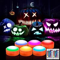 Vista 12 de Litake Luces LED de calabaza sin llama con control remoto, luces parpadeantes con temporizador, funciona con pilas, luz de vela de Halloween