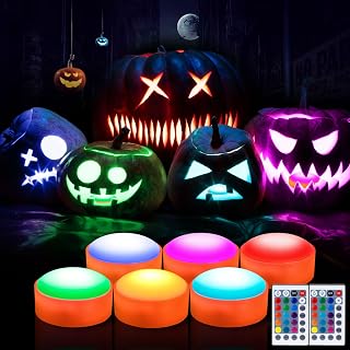 Litake 6 PCS RGB WW pumpkin flameless candle Halloween Pumpkin Light, LED Flickering Jack-O-Lantern Lights Outdoor, Battery Operated Light with Remote and Timer, Pumpkin Tea Light Candle for Halloween