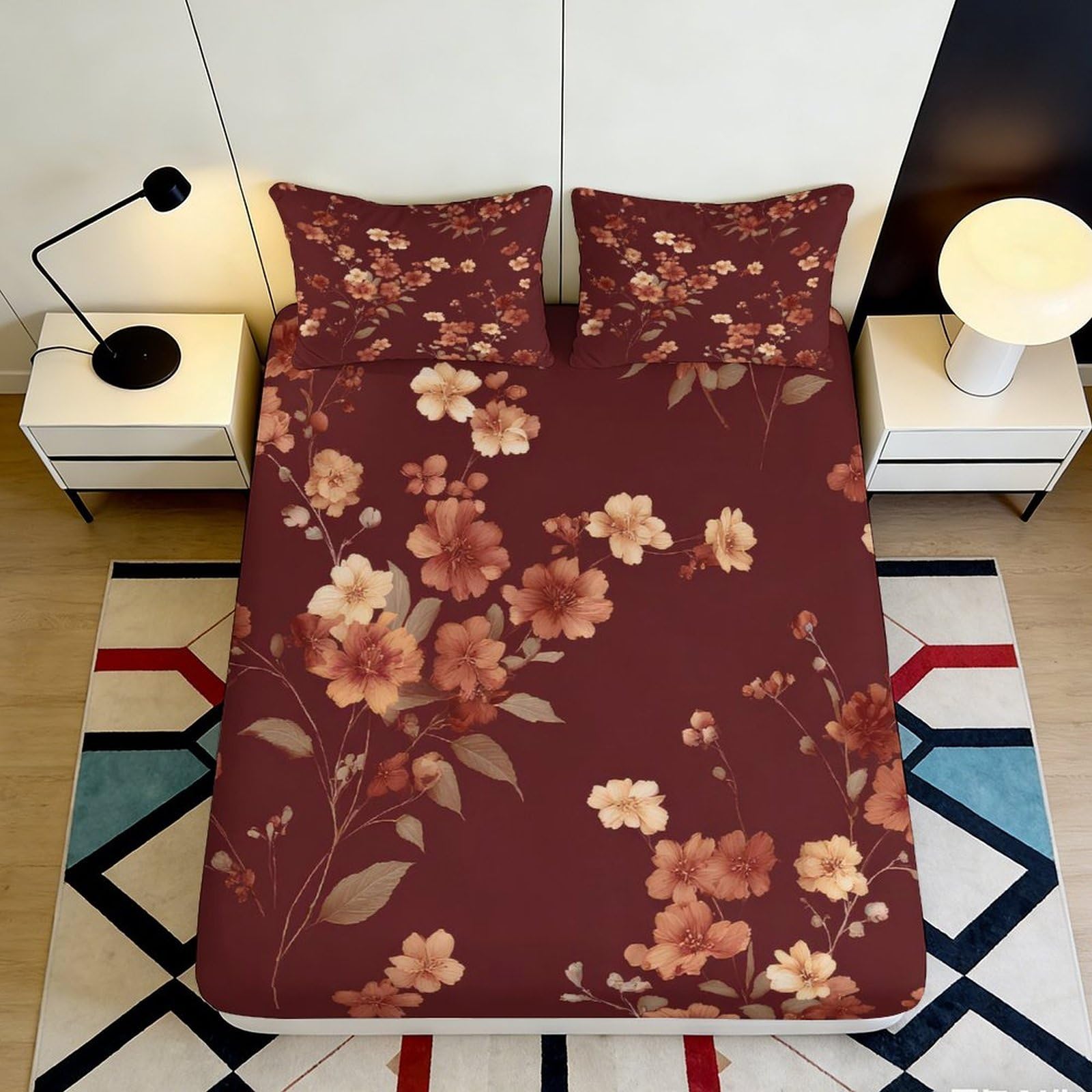 Dhbaneiok Style-2 3D Printed Floral Garden Fitted Sheet Microfiber Soft Maroon Blossom Mattress Cover For Bedroom Guest Room Decor 90X200x25cm