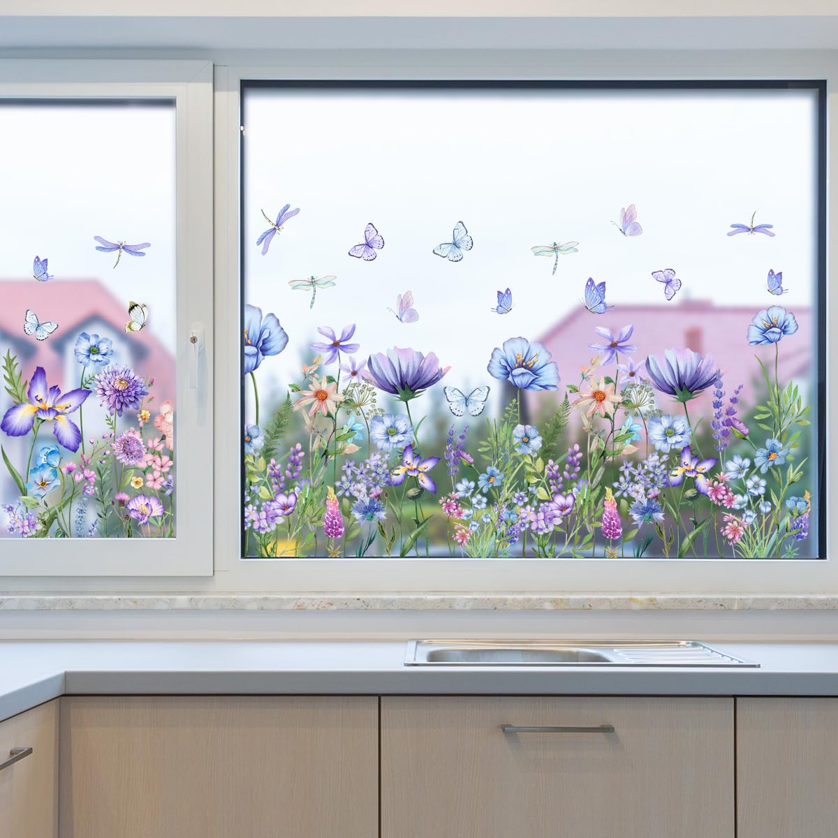 WandSticker4U®- Pegatinas ventanas primavera flores CAMPO de FLORES azul reutilizables (95x59 cm) I Vinilo ventanas flores plantas I Decoración ventana salón dormitorio verano GRANDE (no adhesivo)