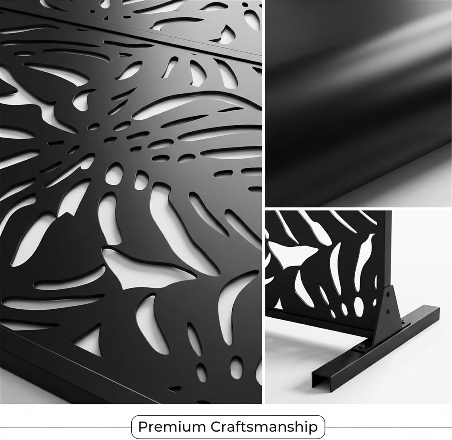 Metal Privacy Screen Freestanding Room Divider, Tropical Leaf Laser-Cut Metal Panel, Decorative Partition for Patio, Balcony & Garden, Sturdy Screen Panel with Base Plates