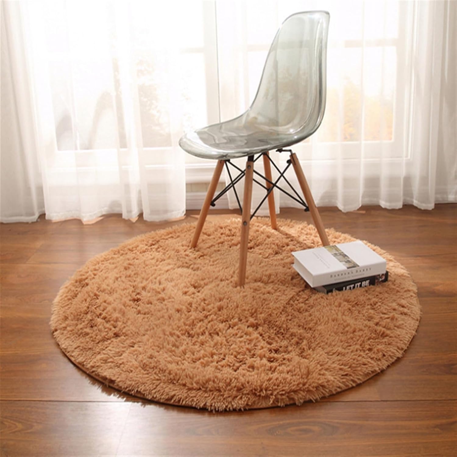 Lifup Round Rug for Bedroomm, Fluffy Shaggy Carpets Circle Rugs, Non-Slip Indoor Area Rug for Modern Home Decor Brown 4x4 Feet