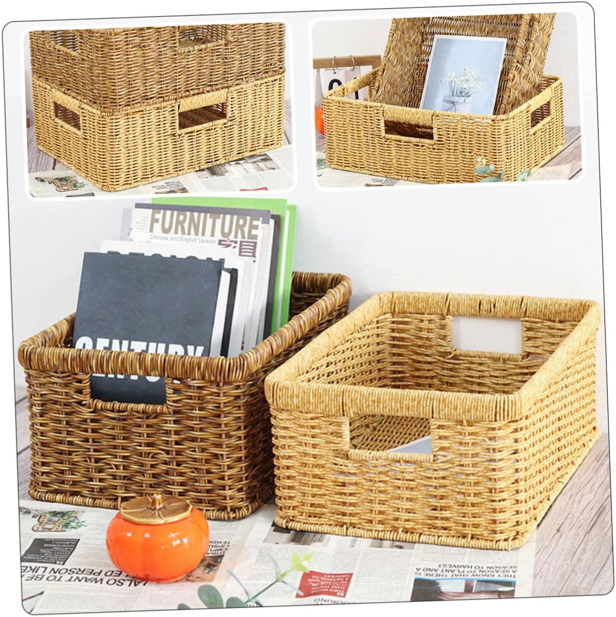 KOMBIUDA Hollow Handle Woven Storage Basket for Sundries Imitation Rattan Design Material for Desktop Snack and Cosmetic Organization
