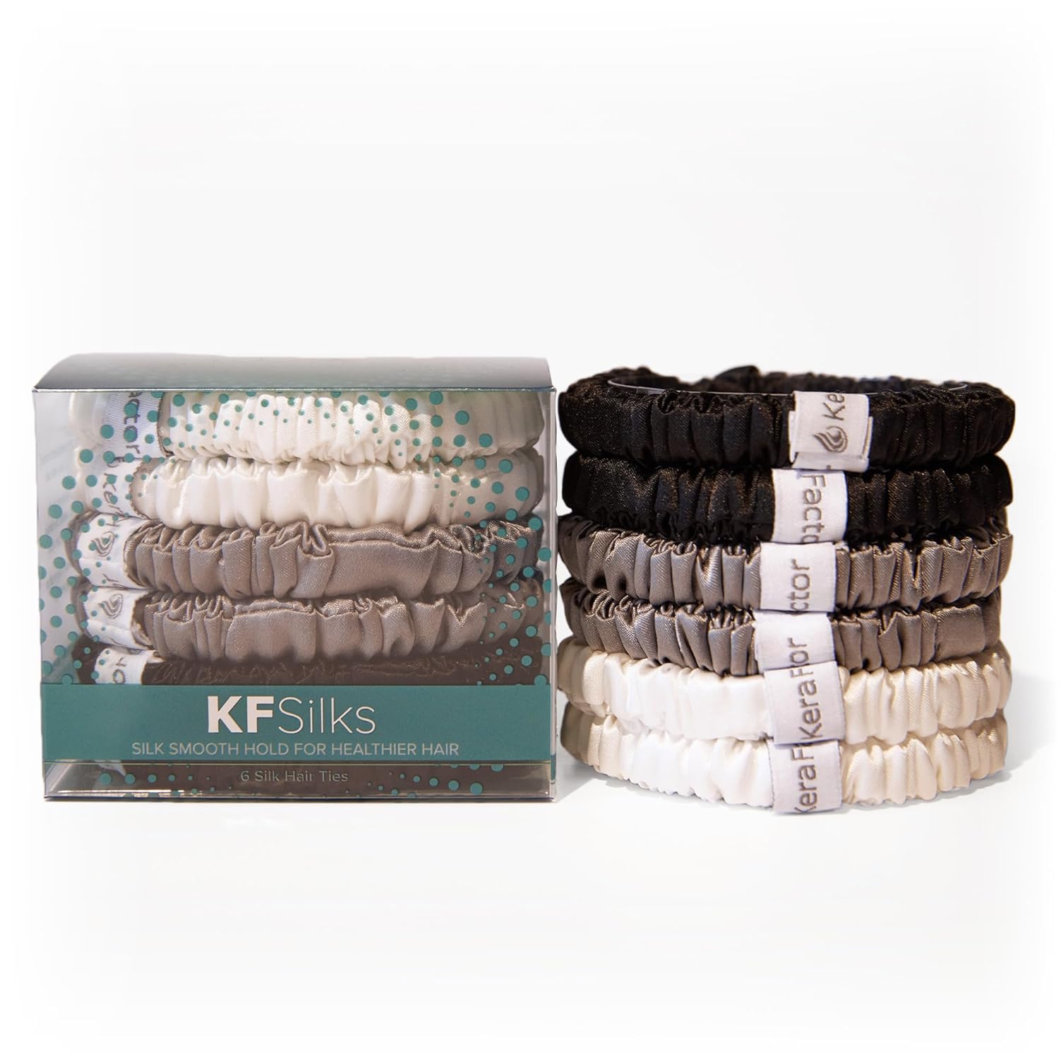 KFSilks Silk Hair Ties by KeraFactor - Anti-Crease, Anti-Breakage - Pure Silk Hair Accessories - Skincare for Hair - Gentle, No-Damage Hold - Dermatologist Developed - 6-Pack (Black/Grey/White)