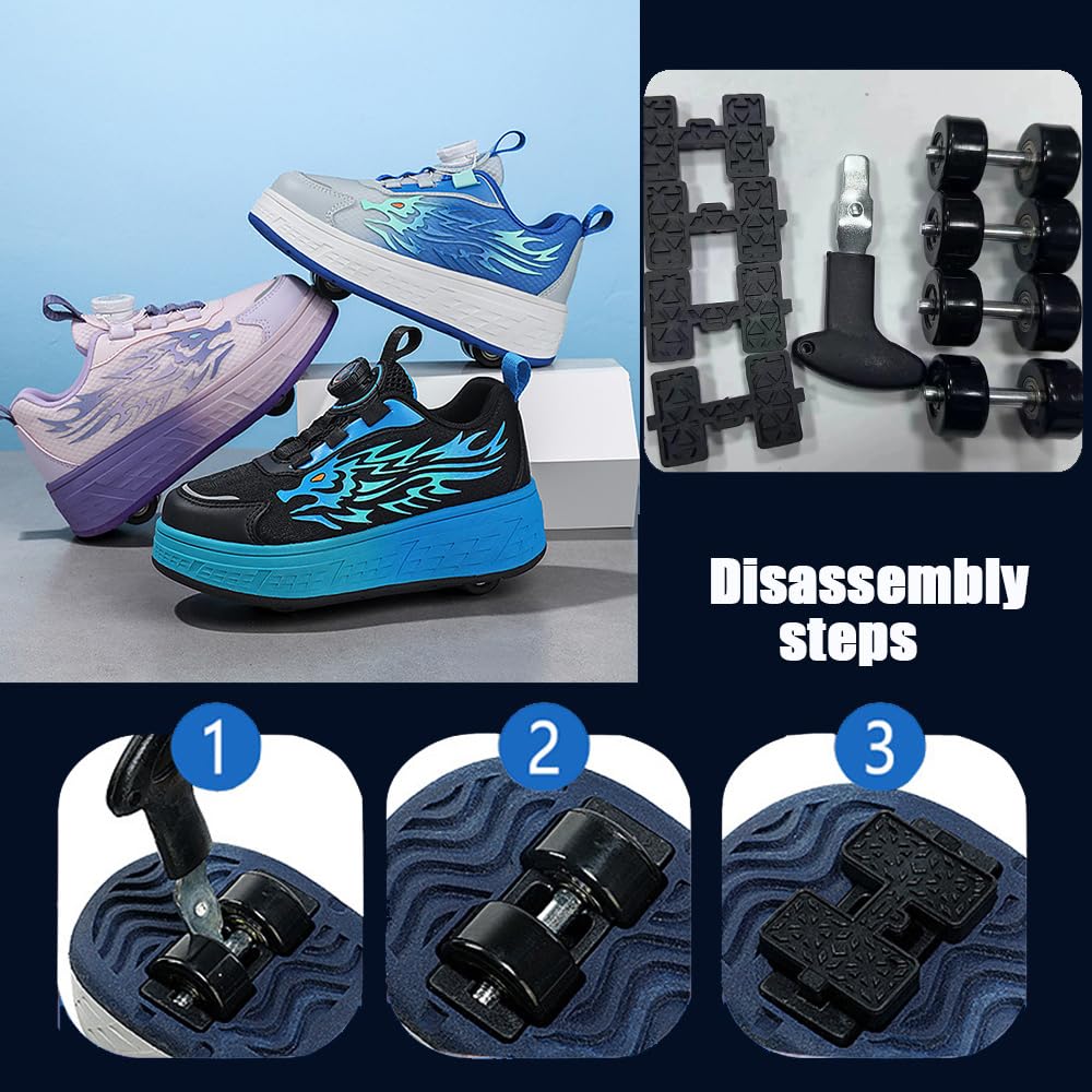 Mateju Chaussures à Roulette Garçons Filles 2 en 1 Patins à roulettes Baskets Enfant Chaussures de Skateboard Retractable avec 4 roulettes Adolescents Chaussures de Sport d'extérieur