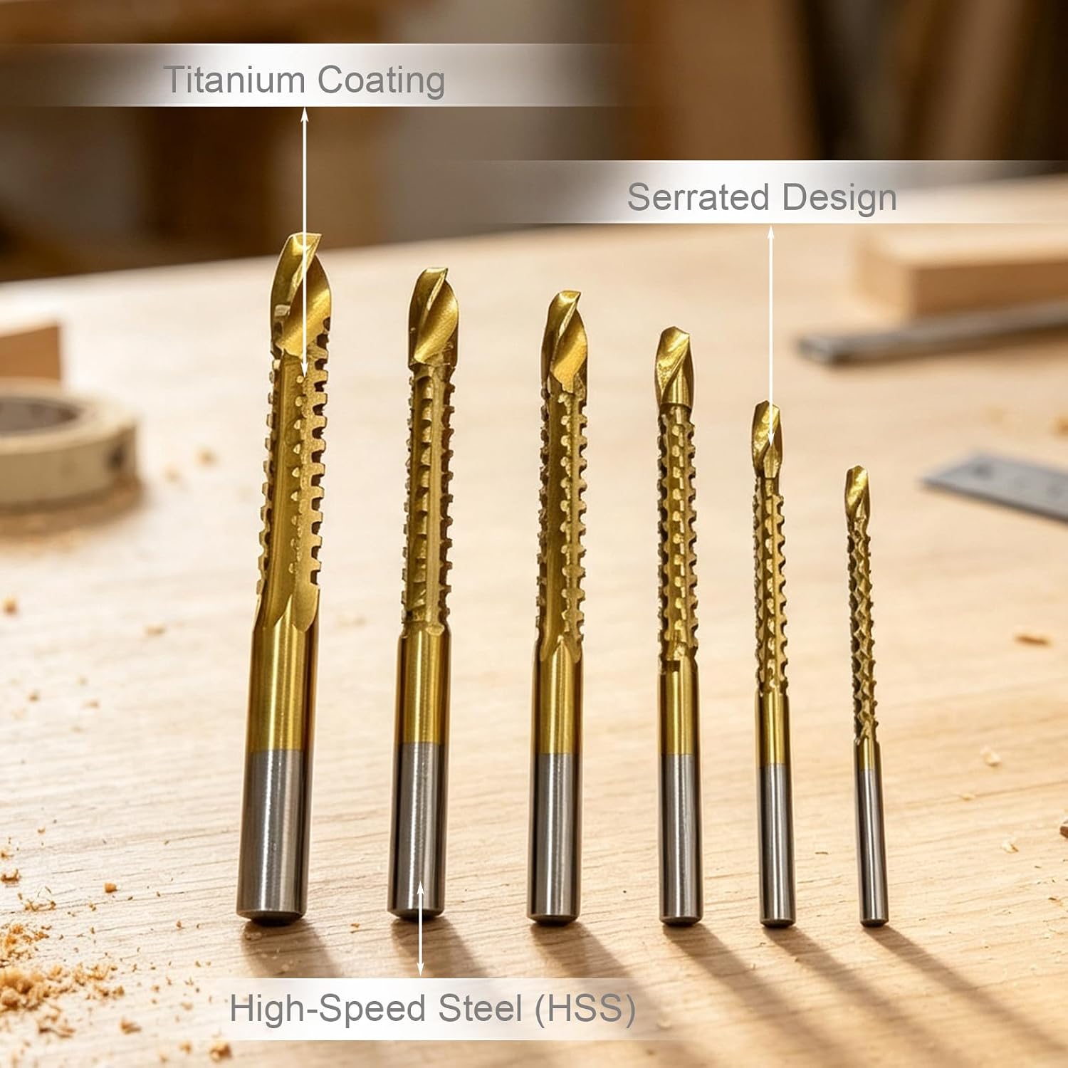 6-Piece 3-8mm Titanium Coated HSS Twist Drill Bits Set, Serrated Saw Drill Bit for Plastic Metal Wood Hole, HSS Titanium Coated Side Cutting Drill Bit Set with Spiral Flutes for Drilling and Cutting
