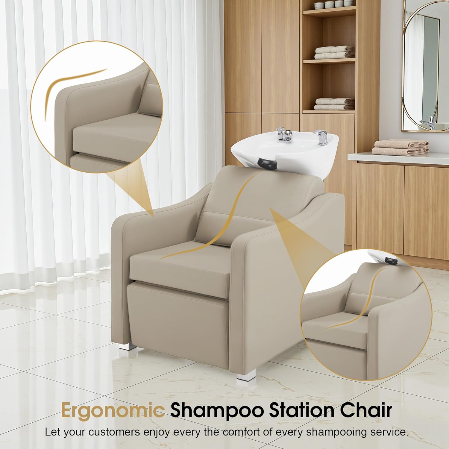 BarberPub Backwash Shampoo Station Chair, Adjustable Porcelain Ceramic Hair Wash Bowl with Chair, Shampoo Station for Barber Shop, Spa Beauty Salon Equipment 9364 (Creamy White)