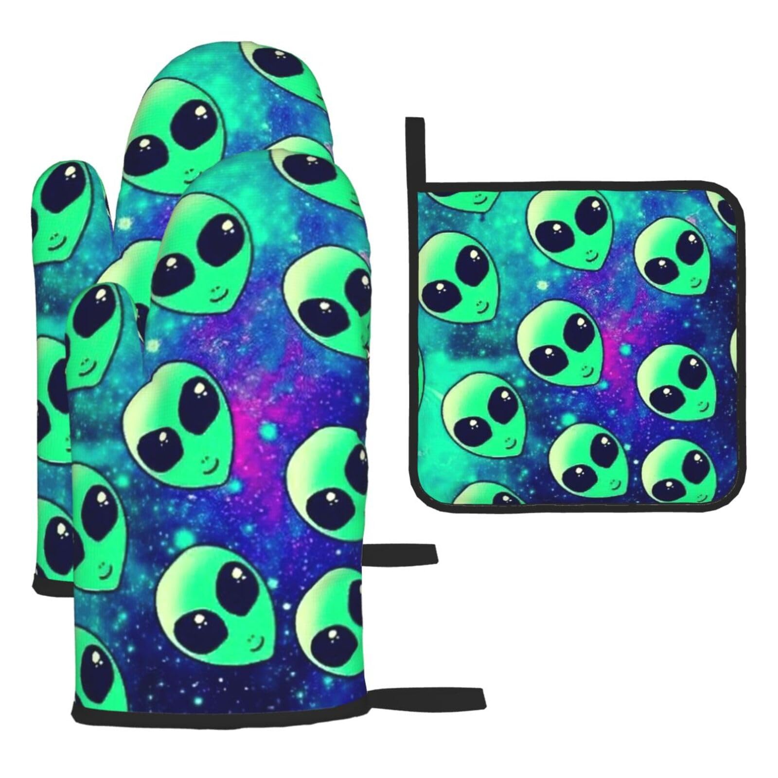 Yyoretp Black Green Aliens Print Oven Mitts And Potholders Bbq Gloves-Oven Mitts And Pot Holders For Cooking Baking