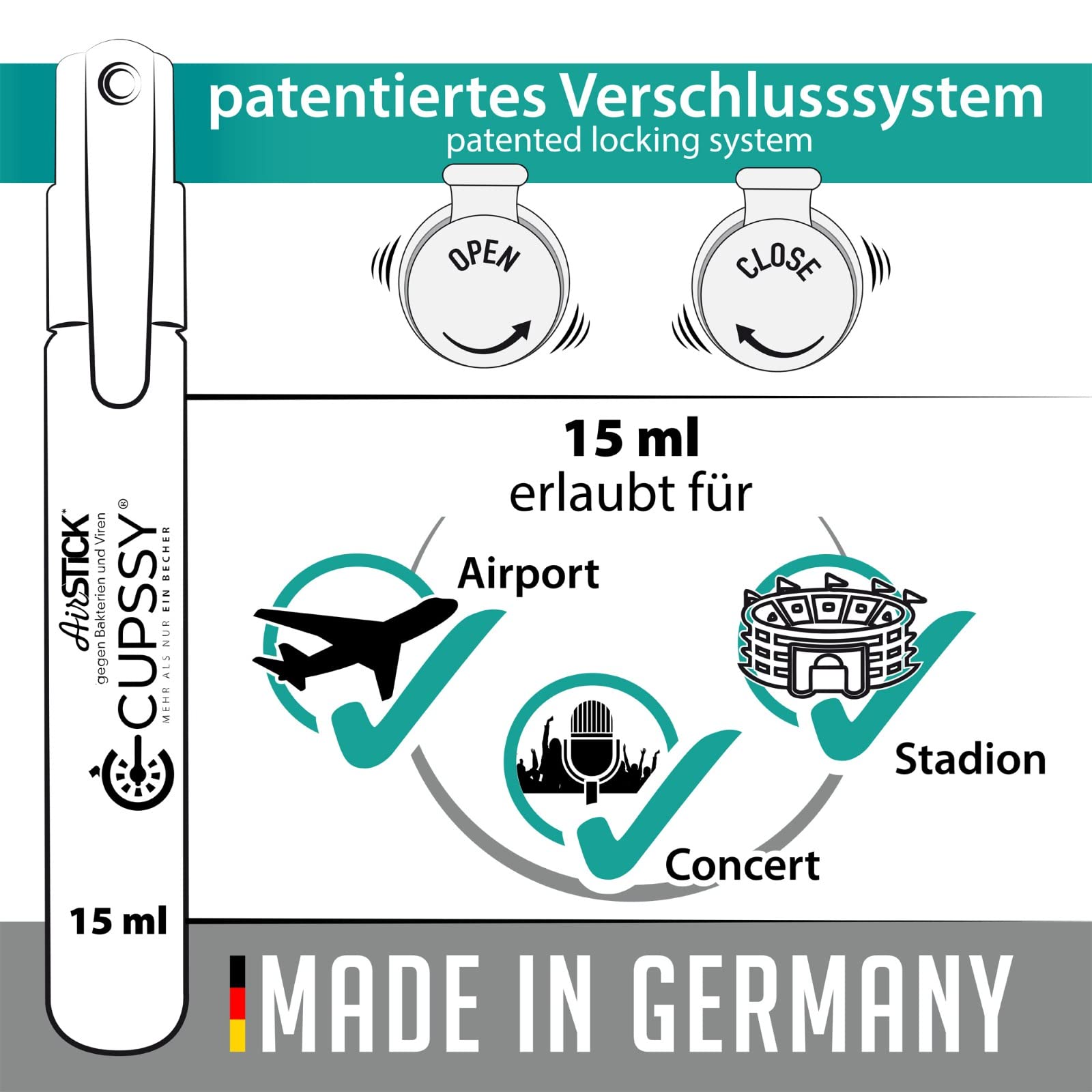 AirStick, Desinfektionsmittel, Reise Flächendesinfektionsmittel, kein auslaufen, Für Robust, Desinfektionsmittel Flächen, bekämpft Bakterien 99,9%, Nachfüllbar, sauber&schonend, 3x15ml