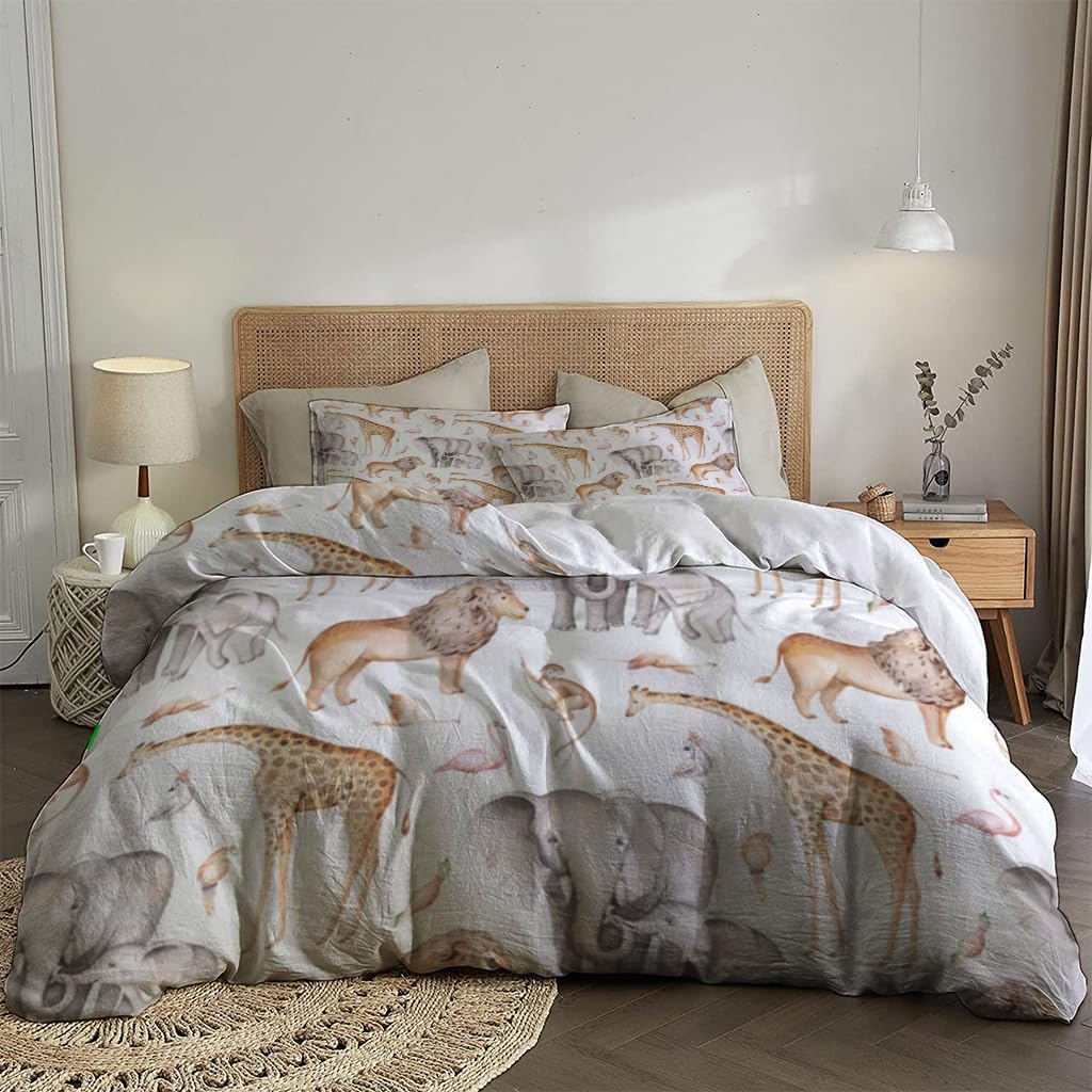 NIBAINLO 布団カバーキリンとゾウとサルの野生動物水彩画 肌に優しい ピーチスキン加工 掛け布団カバー 和式 洋式 あったか 布団カバーセット リバーシブル ホームステイ ホテル 家庭兼用