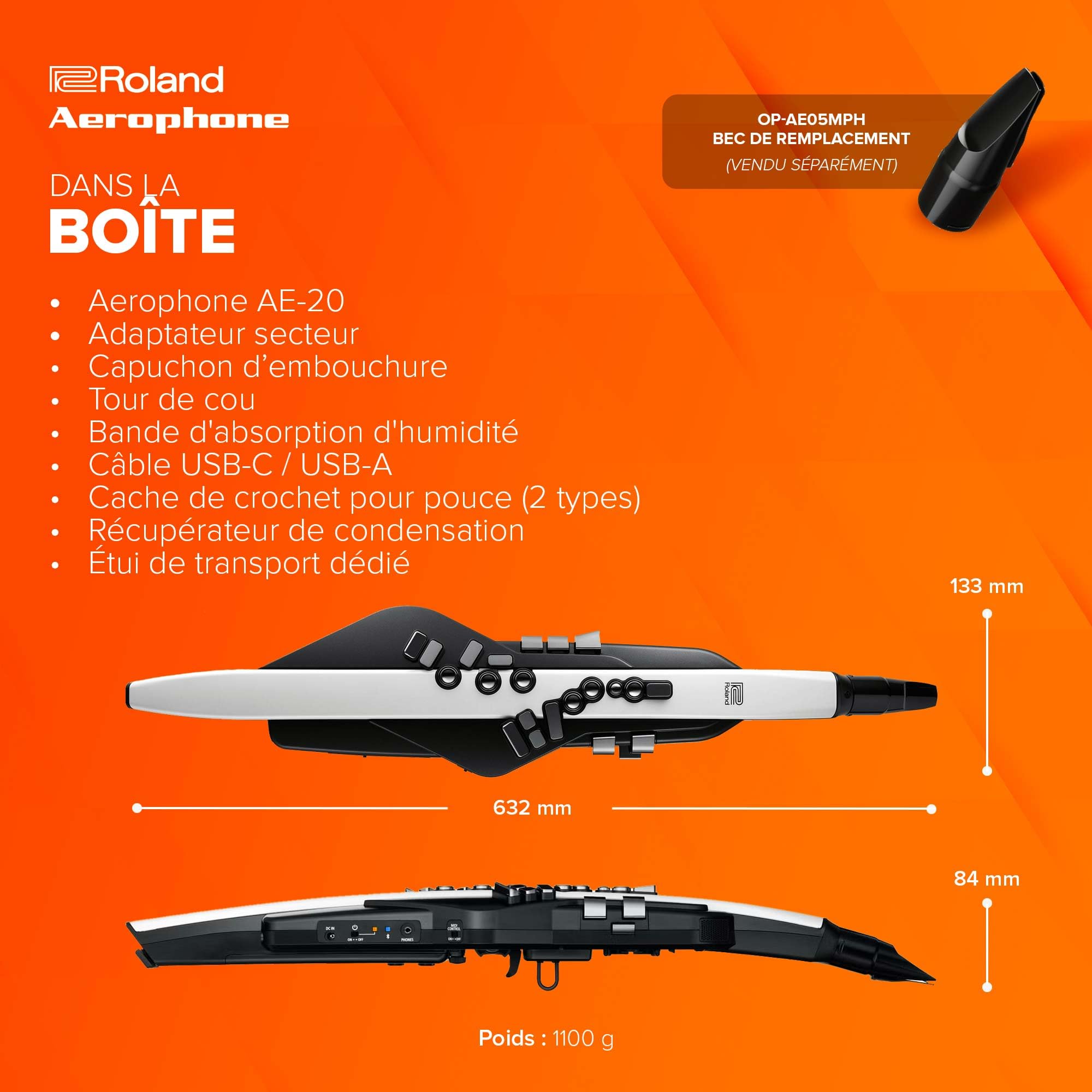 Roland AE-20 Aerophone | Instrument à vent numérique premium | Sons SuperNATURAL Acoustic et technologie évoluée ZEN-Core | Ultra réactif aux nuances | Plus de 250 sons | Bluetooth