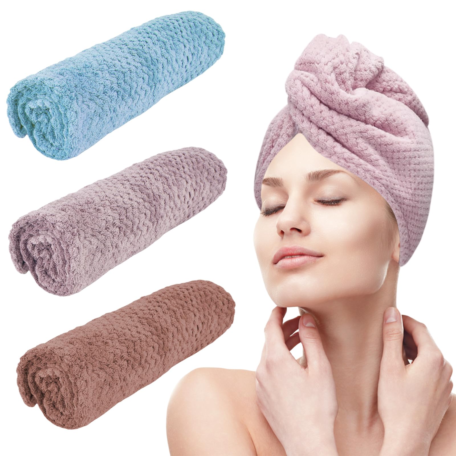 YHPDYL 3 Pack Microfiber Hair Towel Wrap for Women, Fast Drying Hair Turban with Button, Anti-Frizz Large Hair Towel for All Hair Styles, Soft &