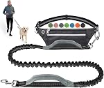 Mains Free Dog Leash for Running Walking Training Hiking, Bungee à double poignée réfléchissant, Pochette de distributeur de sacs de caca, Ceinture de taille réglable, Absorbation des chocs, Idéal pour les chiens moyens à grands, Noir/Téal