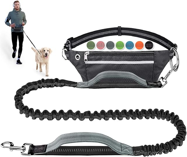 Hands Free Dog Lead for Running Walking Jogging Training Hiking, Retractable Bungee Dog Running Waist Leash for Medium to Large Dogs, Adjustable Waist Belt with Pack, Reflective Stitches, Dual Handle
