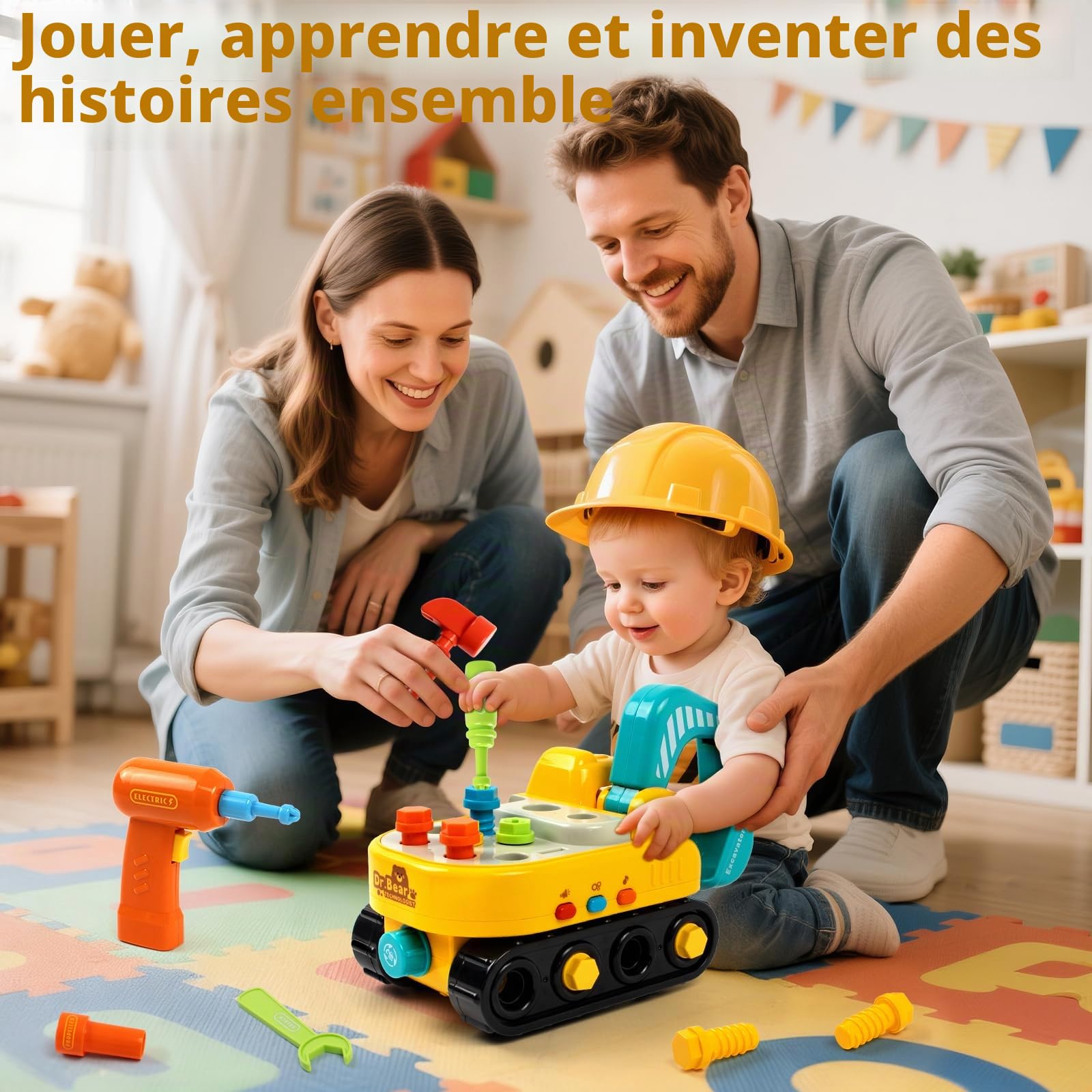 Marstone Jouet Enfant 2 Ans Garcon, Jouet Pelleteuse Électrique Montessori pour Enfants, avec Lumières et Musique, Jouet Éducatif à Visser 1 2 3Ans, Véhicule Chantier Interactif Garçons Filles