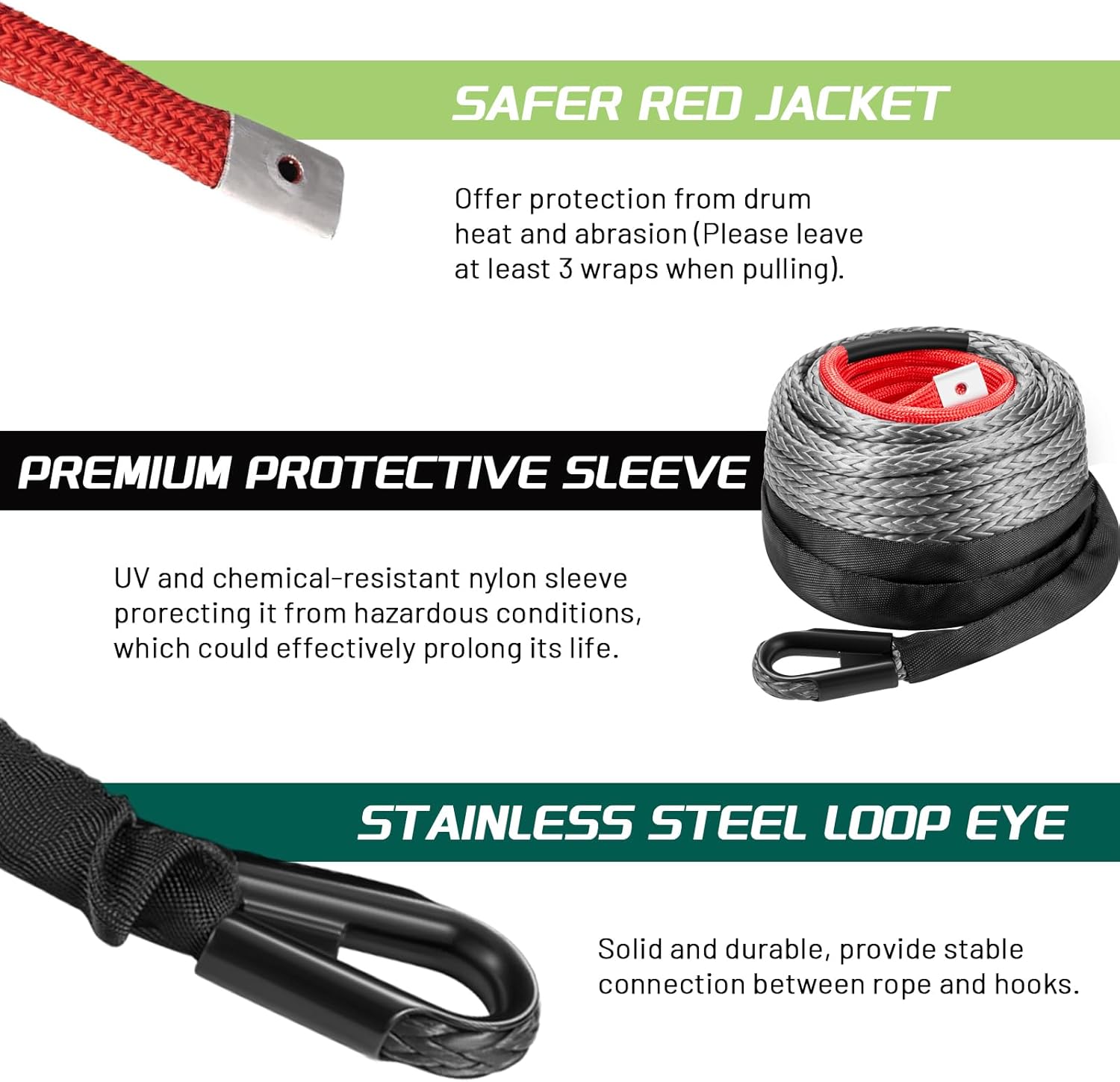 3/8 Inch x 80 Feet Synthetic Winch Rope, 24000Lbs Synthetic Winch Line Cable Rope with Protective Sleeve for Off Road Vehicle SUV Gray