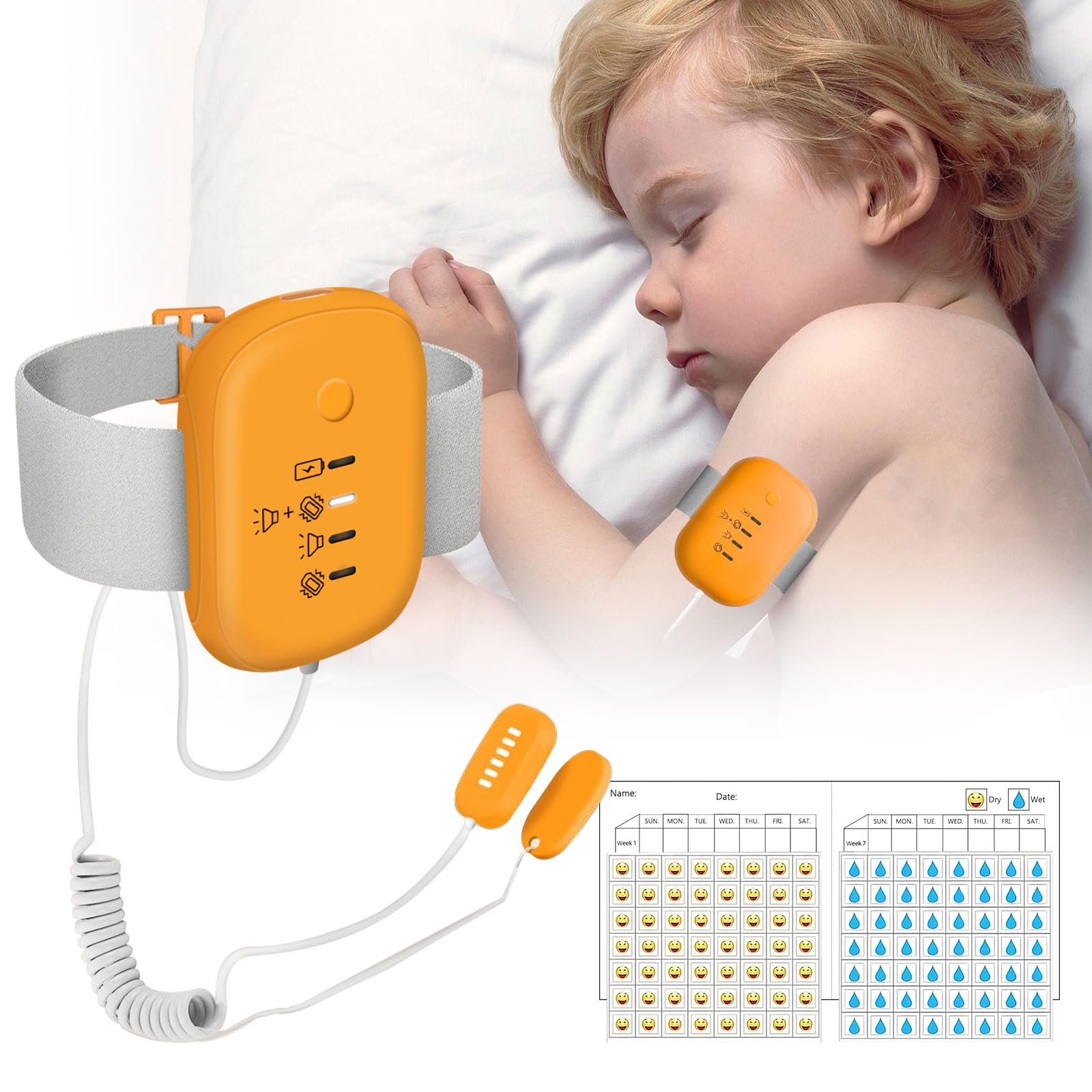 Bed Wetting Alarm for Boys and Girls - USB Rechargeable with Loud Sound & Vibration, 3 Reminder Modes, High Sensitivity Sensors, Long Standby Time Over 120 Hours (Orange)
