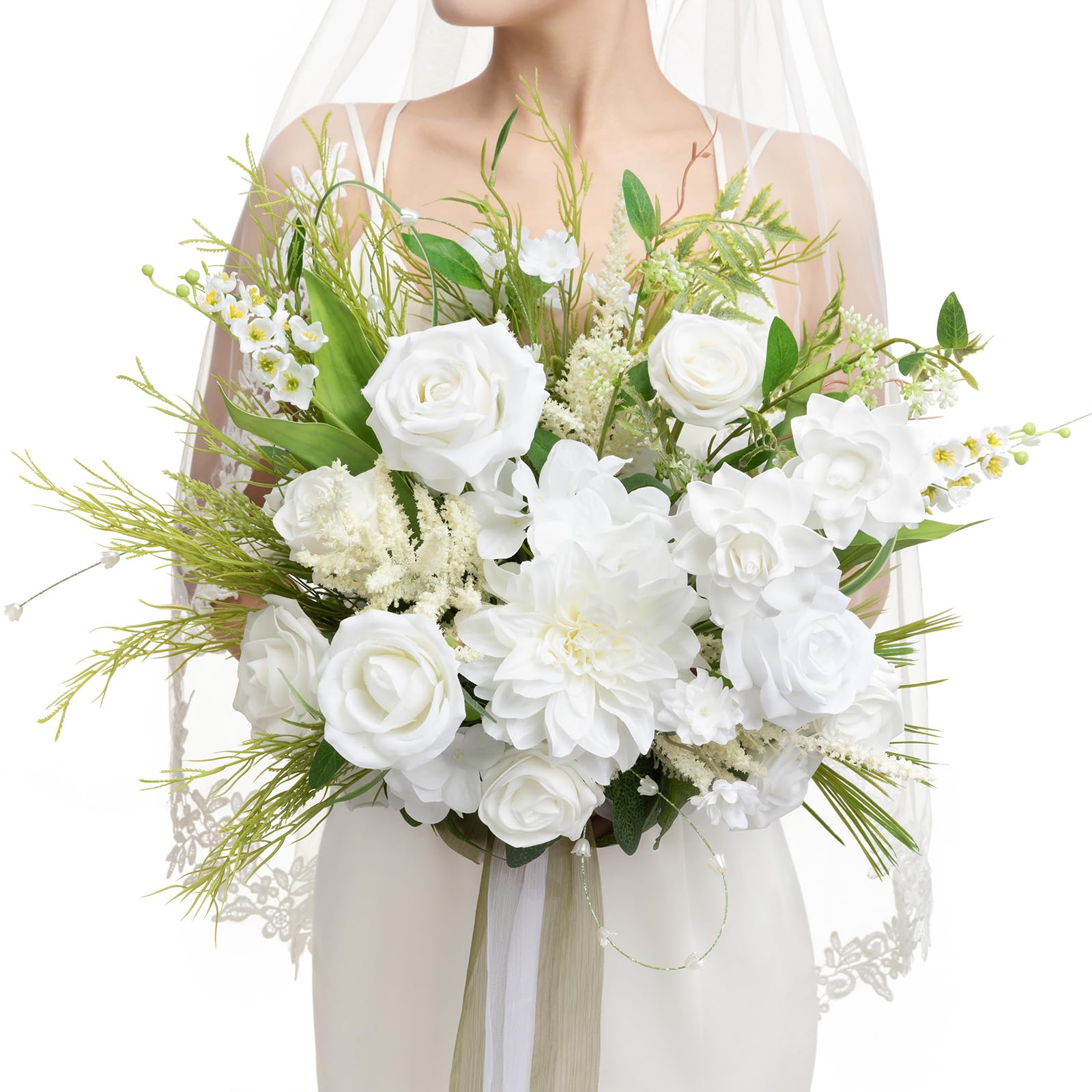 Photo 1 of Ling's moment Burgundy Wedding Bouquets for Bride, Lily of The Valley Bridal Bouquets for Bride, 15 Inch Free Form Artificial Wedding Flower Bouquet