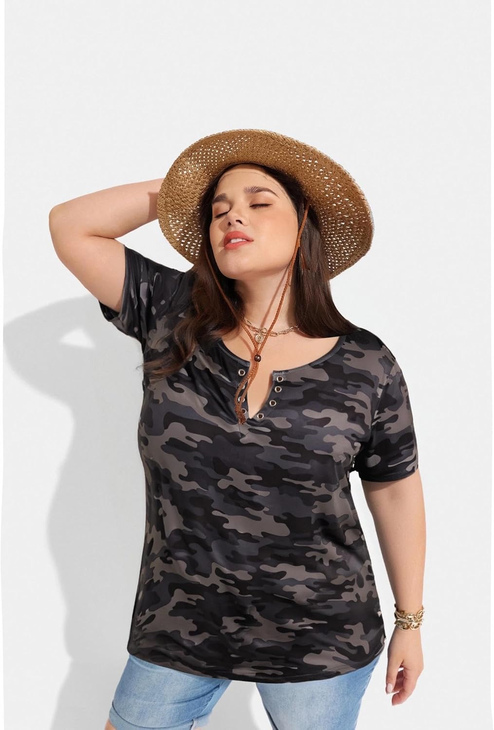 TIYOMI Plus Size T Shirt for Women Buttons Tops Short Sleeve Summer Sexy V-Neckline Shirts Solid/Tie Dye XL-5XL - Image 4