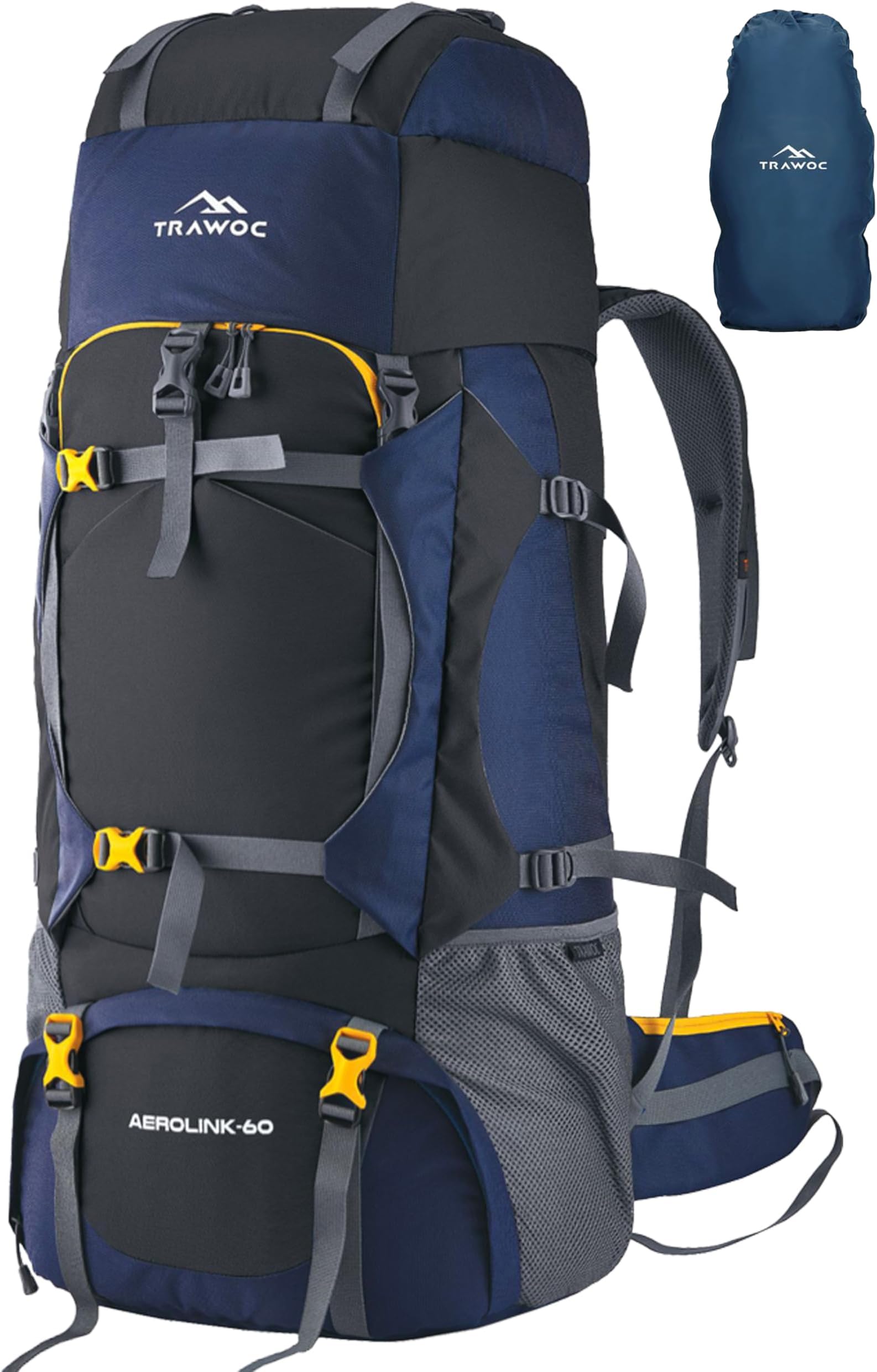 TRAWOC Aerolink 60L Trekking Backpack for Men & Women | Travel Rucksack with Laptop Sleeve, Rain-Cover, Padded Hip Belt & YKK Zippers | Camping Hiking Bag | 3 Year Warranty - Black