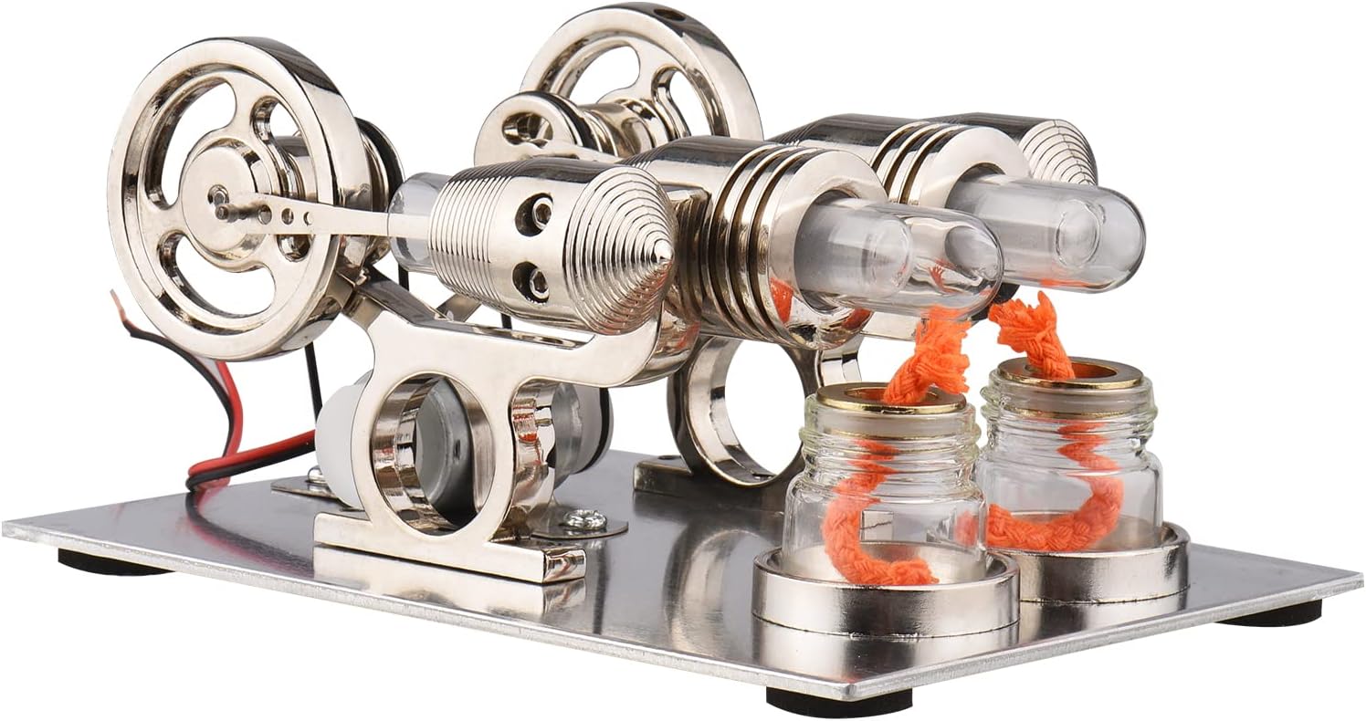 Motor Model，Stirling Engine Kit Dual Engine Generator Hot Air Motor Model Physical Generator Model with Flywheel Design Science Experiment DIY Education Toy for Teacher Adults Kids School Office Decor