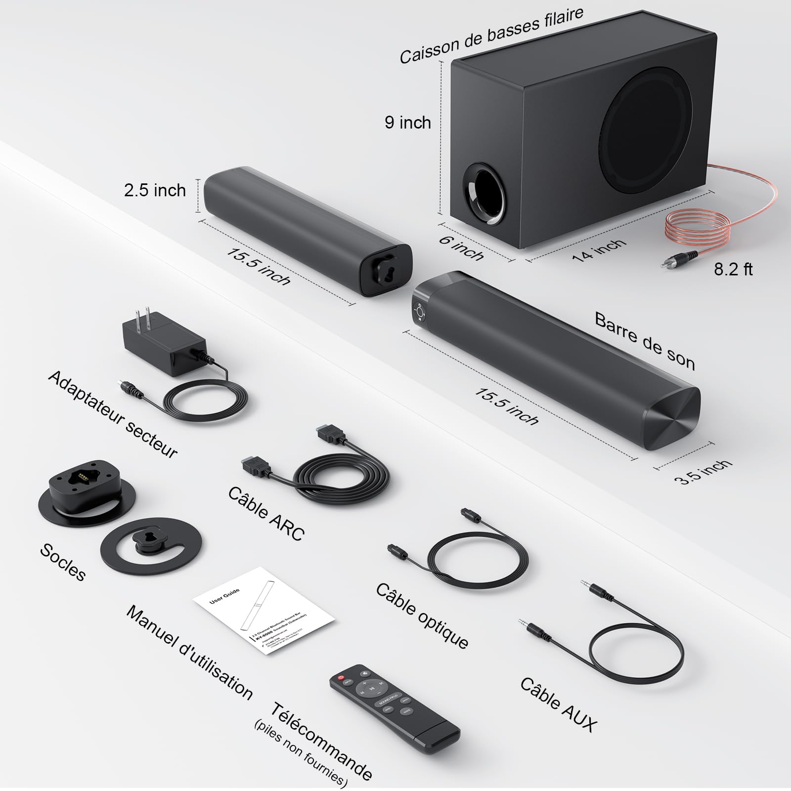 GarageRock Barre de Son pour Téléviseur avec Caisson de Basses, 110W Home Cinema avec Deep Bass&Volume Boost&3 Modes d'égalisation, Bluetooth 5.3/Arc/Opt/AUX, Surround System pour TV/PC/Projecteur