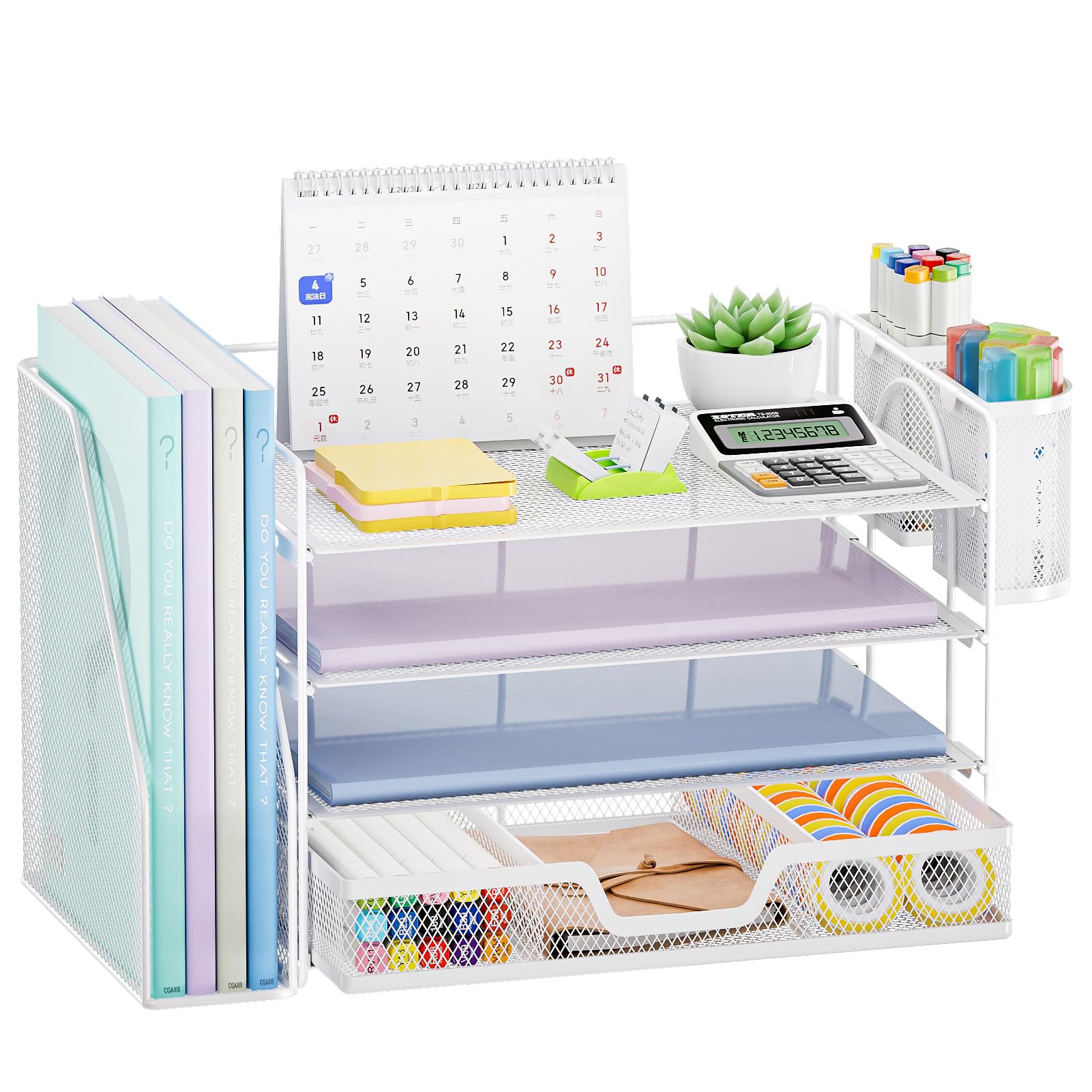 Marbrasse Desk Organizer and Accessories，4-Tier Paper Letter Tray Organizer with File Holder, Desk Accessories with Drawer and 2 Pen Holder (White,