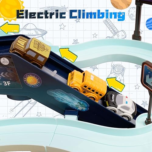 Miniatura 3 de Toy Car Ramp Track Electric Climbing Railcar Vehicles Construction Play Set with 4 Mini Race Cars Space Theme Preschool Gifts for Kids Boys Girls