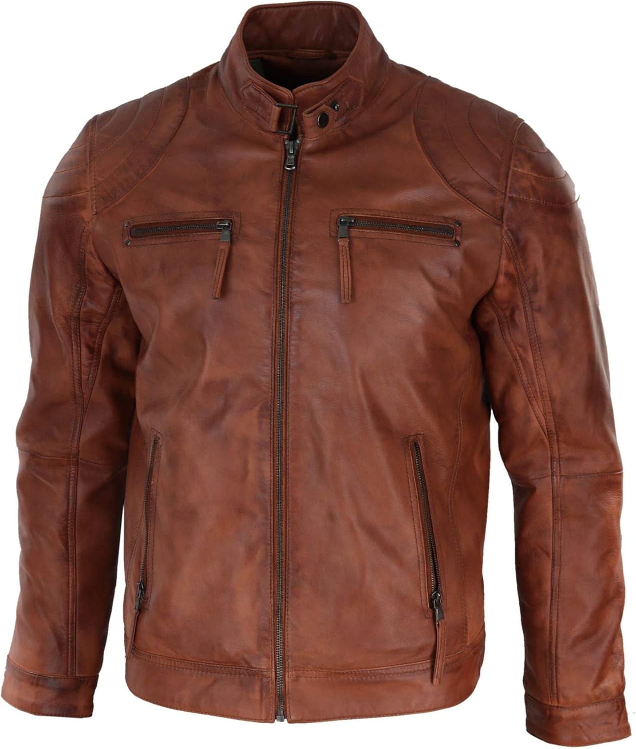 Men's Biker Zip Jacket Leather Light Short Classic Motorcycle