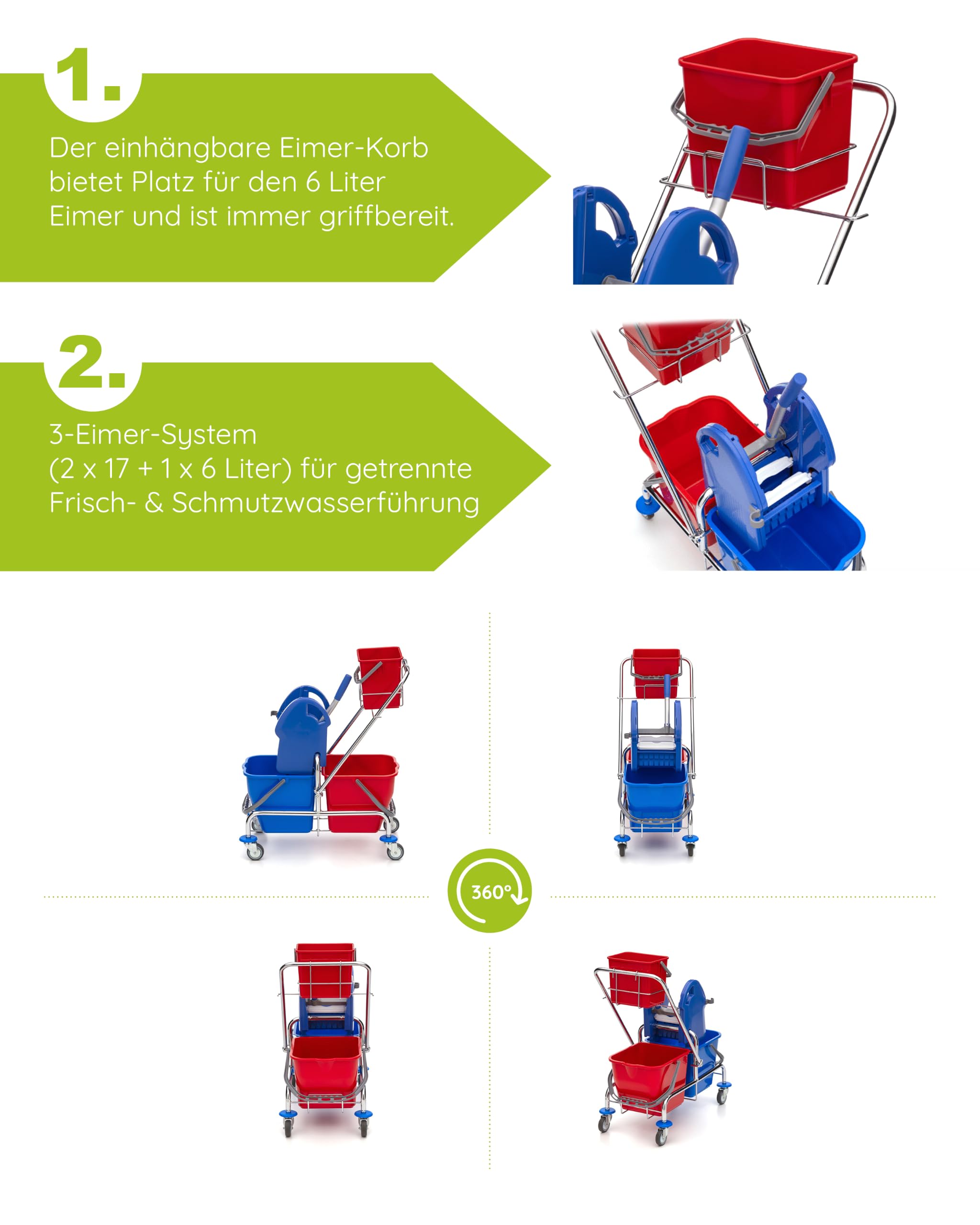 Wisch-Star Wischmopp Set mit Eimer, Chrom-Rollwagen, 40 cm, 13-teilig | Bodenwischer Set aus Chrom, 3-Eimer-System mit Presse, 6 Mopps und 4 Tücher, Teleskopstiel 70–140 cm, Maße 72x42x89 cm