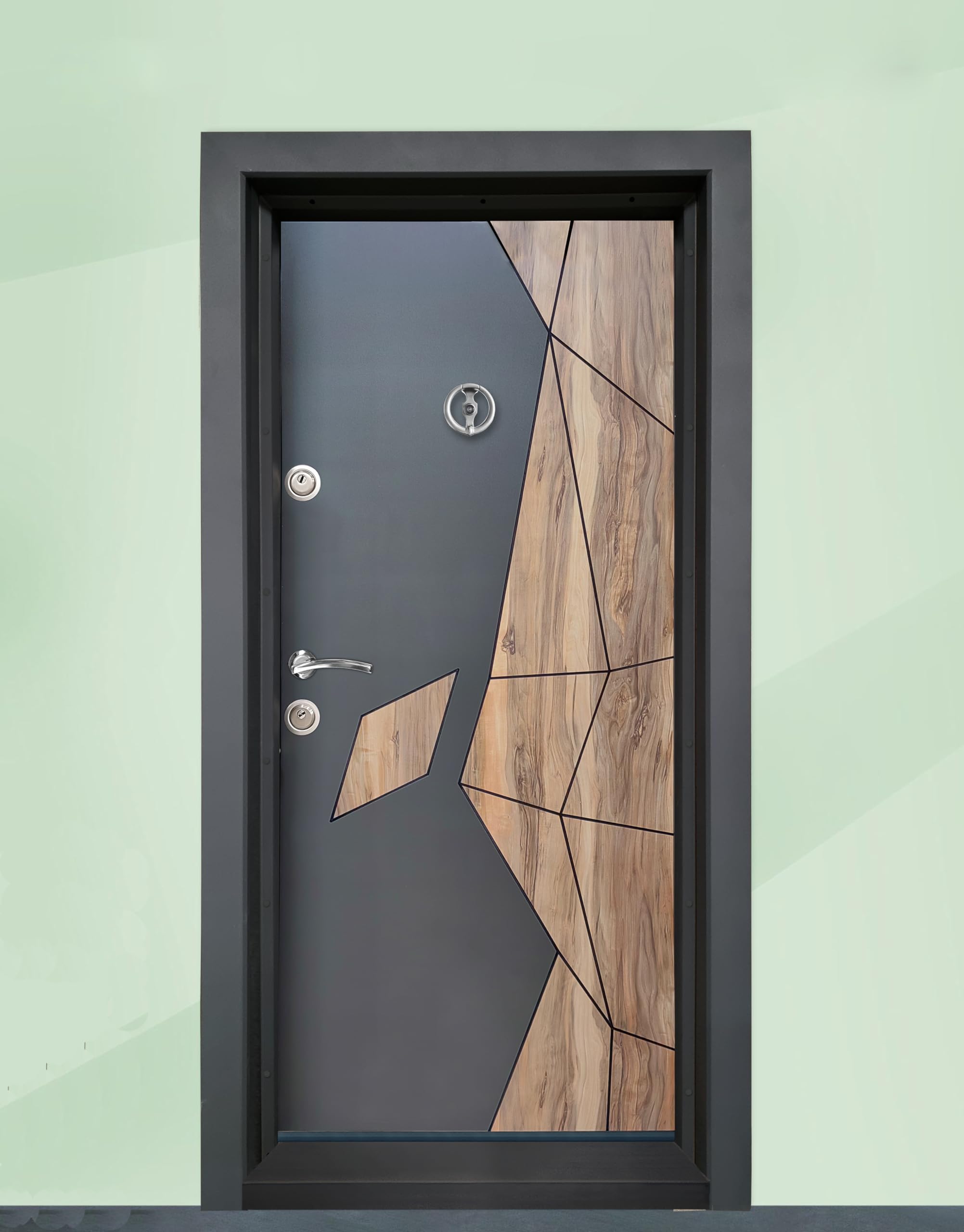Portone Blindato Laminato per Ingresso dal Design Moderno con 2 Sistemi di Chiusura Riempito con Lana Minerale Porta Antracite e Effetto Legno PL47 (Interna destra)