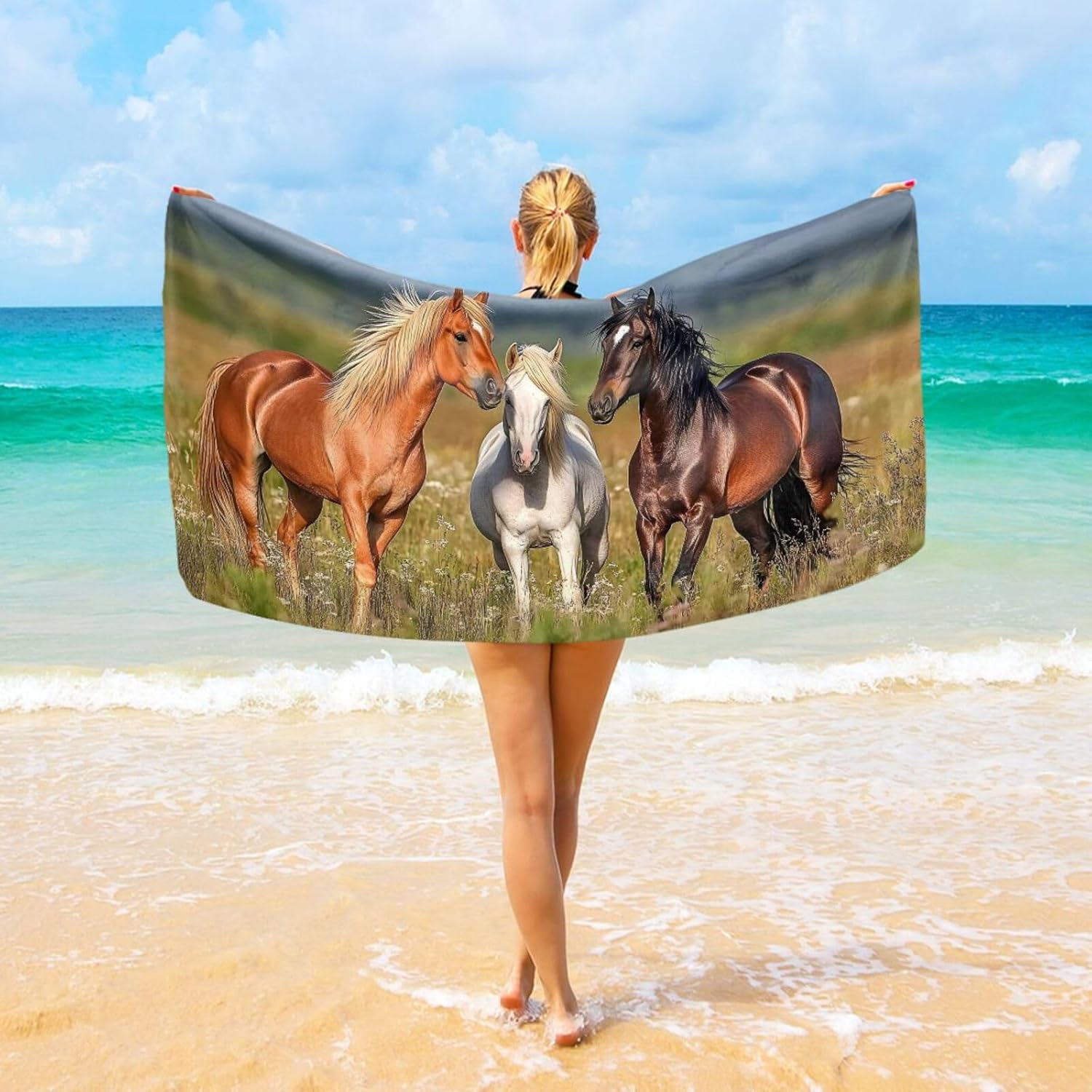 Horse Grass Large Beach Towel – 74L x 37W, Fashion Design, Sand Proof, Microfiber Thin, Lightweight - Fit for Swimming Pool Camping Beach Yoga