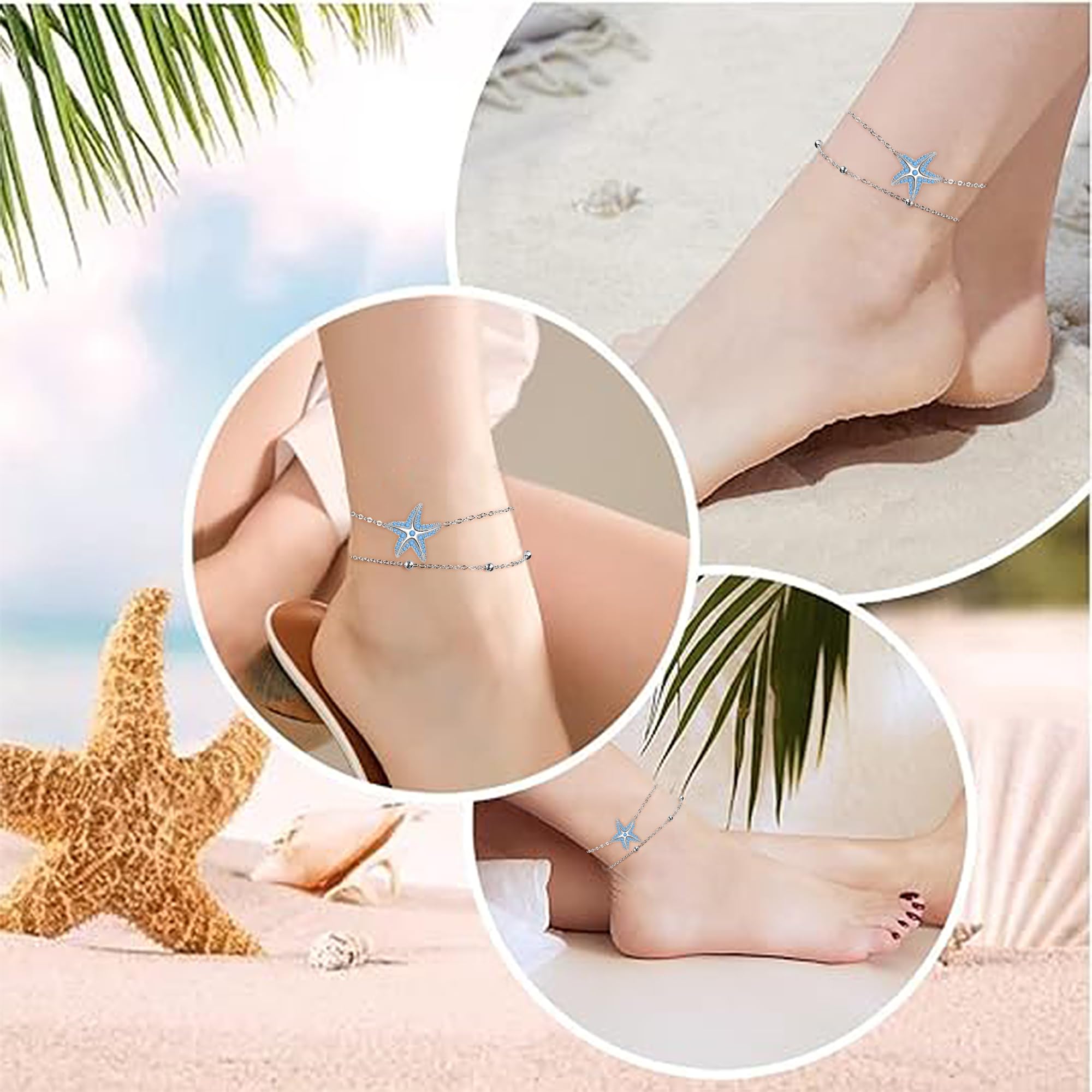 Tobillera Plata de Ley 925 para Mujer Tobillera Doble Cadena con Cuentas y Blanco/Rojo/Púrpura/Azul Circonita Verano Descalzo Playa Cadena de Pie