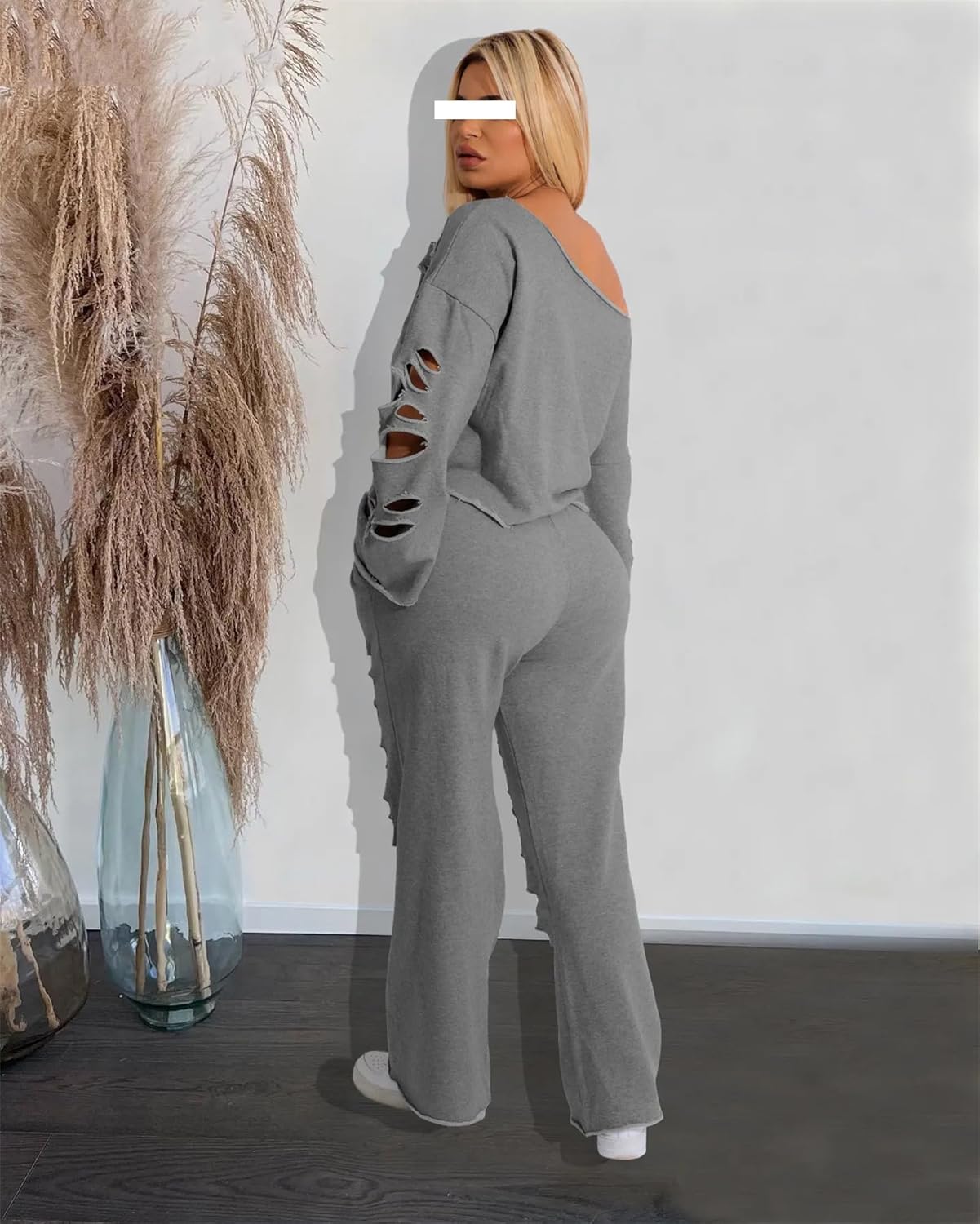 Women Cutout Long Sleeve T-Shirt And Hollow Out Elastic Waist Wide Leg Pants Suit