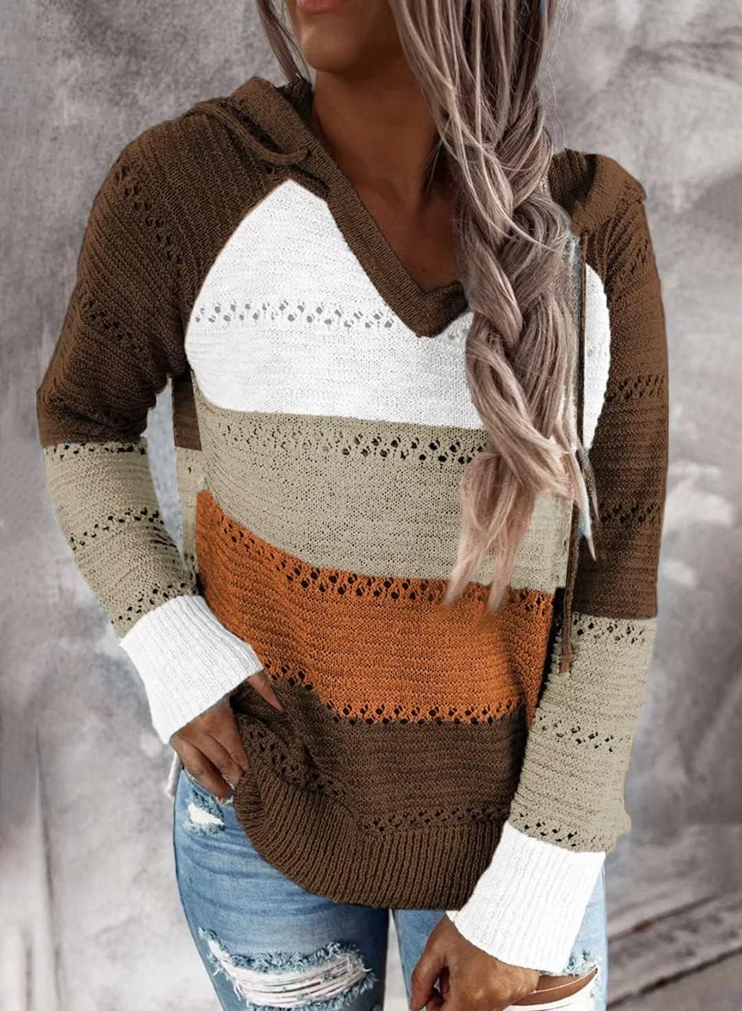BLENCOT Women Fashion Clothing Striped Crochet Fall Sweater Hoodie Casual image 2