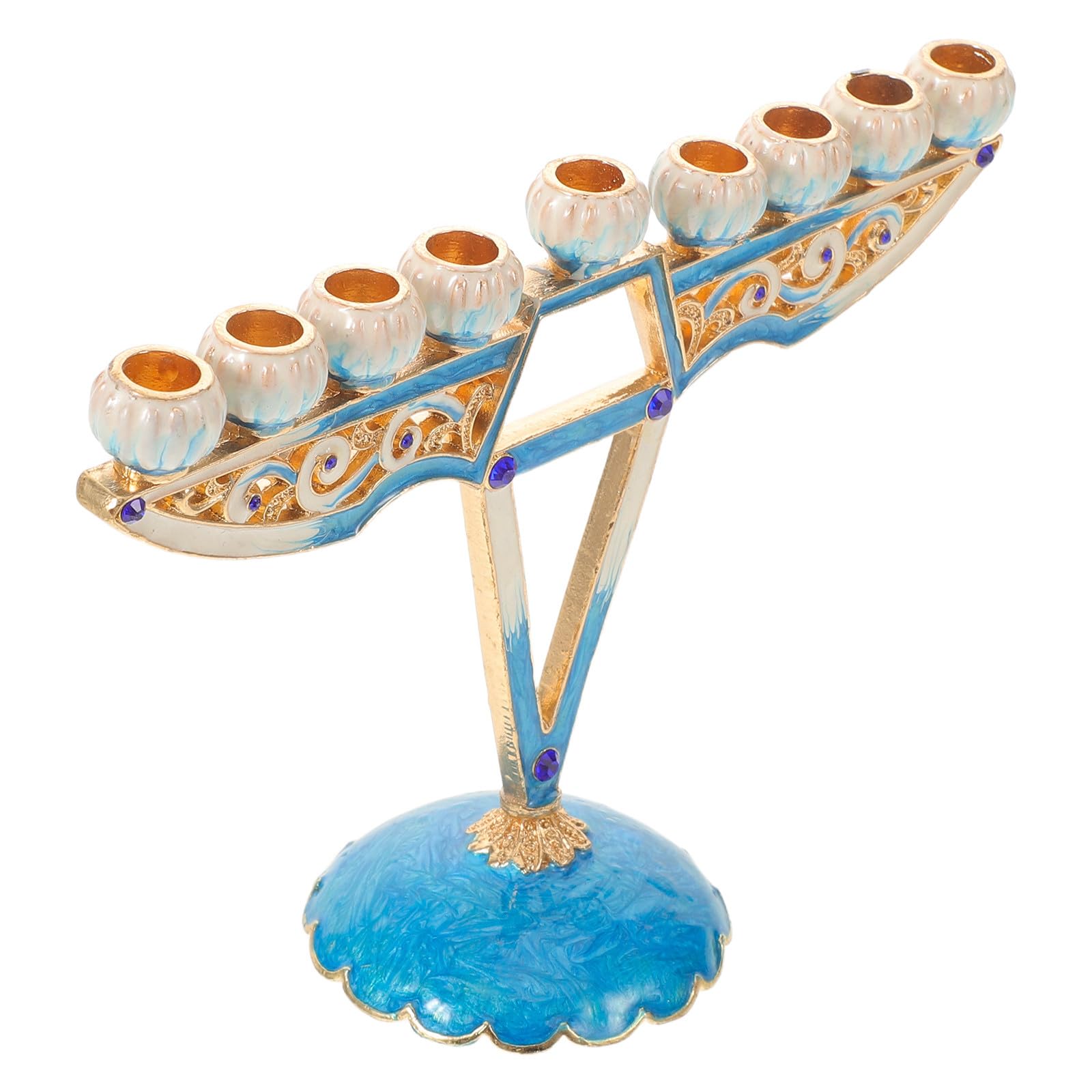 Chandelier Hanoukka 9 branches bougeoir traditionnel métal bleu Shabbat
