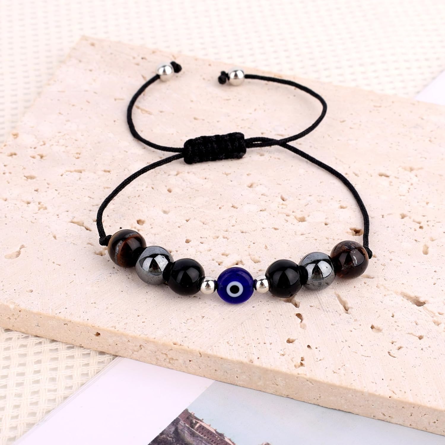 Triple Threat Bracelet, Adjustable Natural Stone Blue Evil Eye Beaded Bracelet Tiger Mal De Ojo Beads Charm Jewelry for Women & Men Gift Friends Coworker Family - Image 4