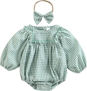 Douhoow Infant Baby Girl Plaid Romper Baby Sweatshirt Romper Ruffle Festival Clothes Fall Winter Outfits with Headband