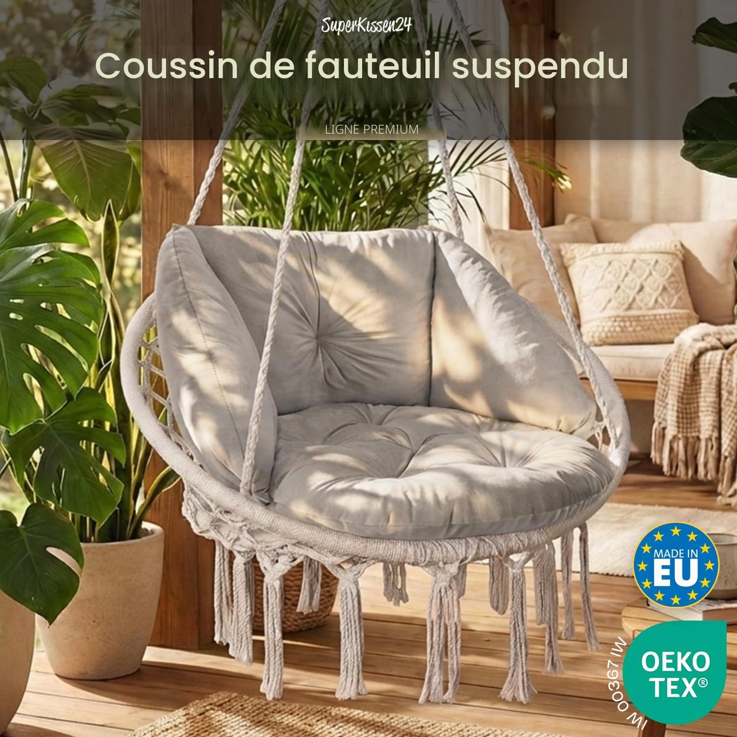 SuperKissen24. Coussin de Fauteuil Suspendu - Coussin Fauteuil Jardin - Oreillers de Oeuf Suspendu - Coussin Rond - Oreiller Moelleux - Argent