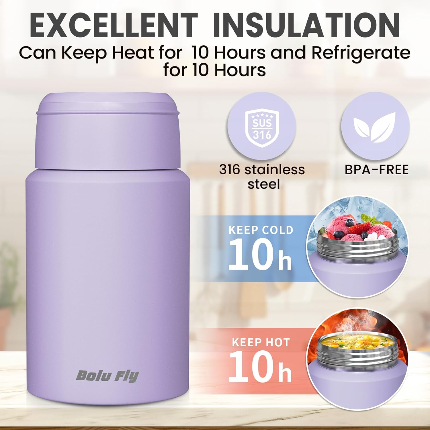 2 Pack Soup Thermo for Hot Food for Adults, Insulated Food Jar, Stainless Steel Vacuum Thermal Lunch Box Containers with Carry Bag and Spoon (18.5oz, 27oz) (Purple)