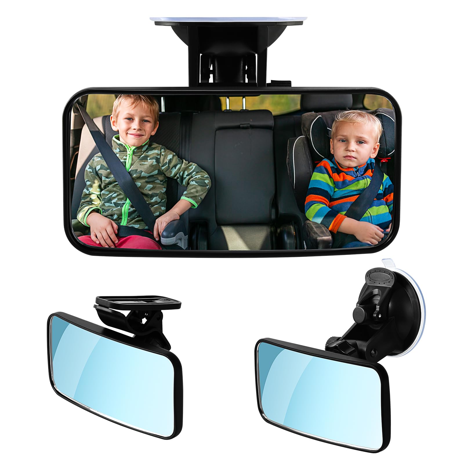 Spiegel Auto Baby Rückbank mit Clips & Saugnapf, Gebogener Spiegel, Großes Sichtfeld, 360° Rotation, 13 * 6.5cm