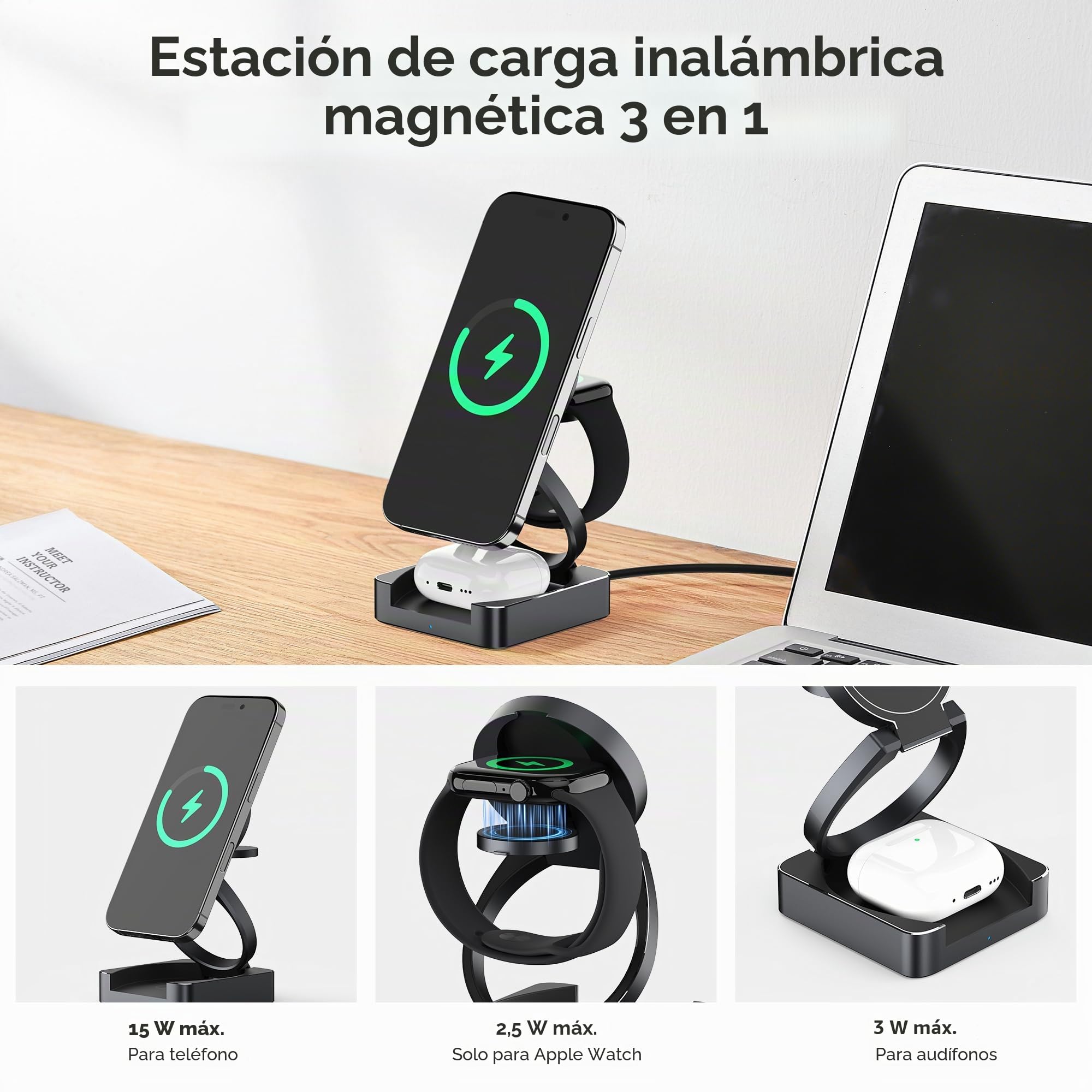 Cargador Inalámbrico 3 en 1 Qi2 15W Magnético de Aluminio para iPhone 17/16/15/14/13/12, Apple Watch S10/9/8 y AirPods 4/3/2/Pro, Estación de Carga Rápida Inalámbrica para Múltiples Dispositivos