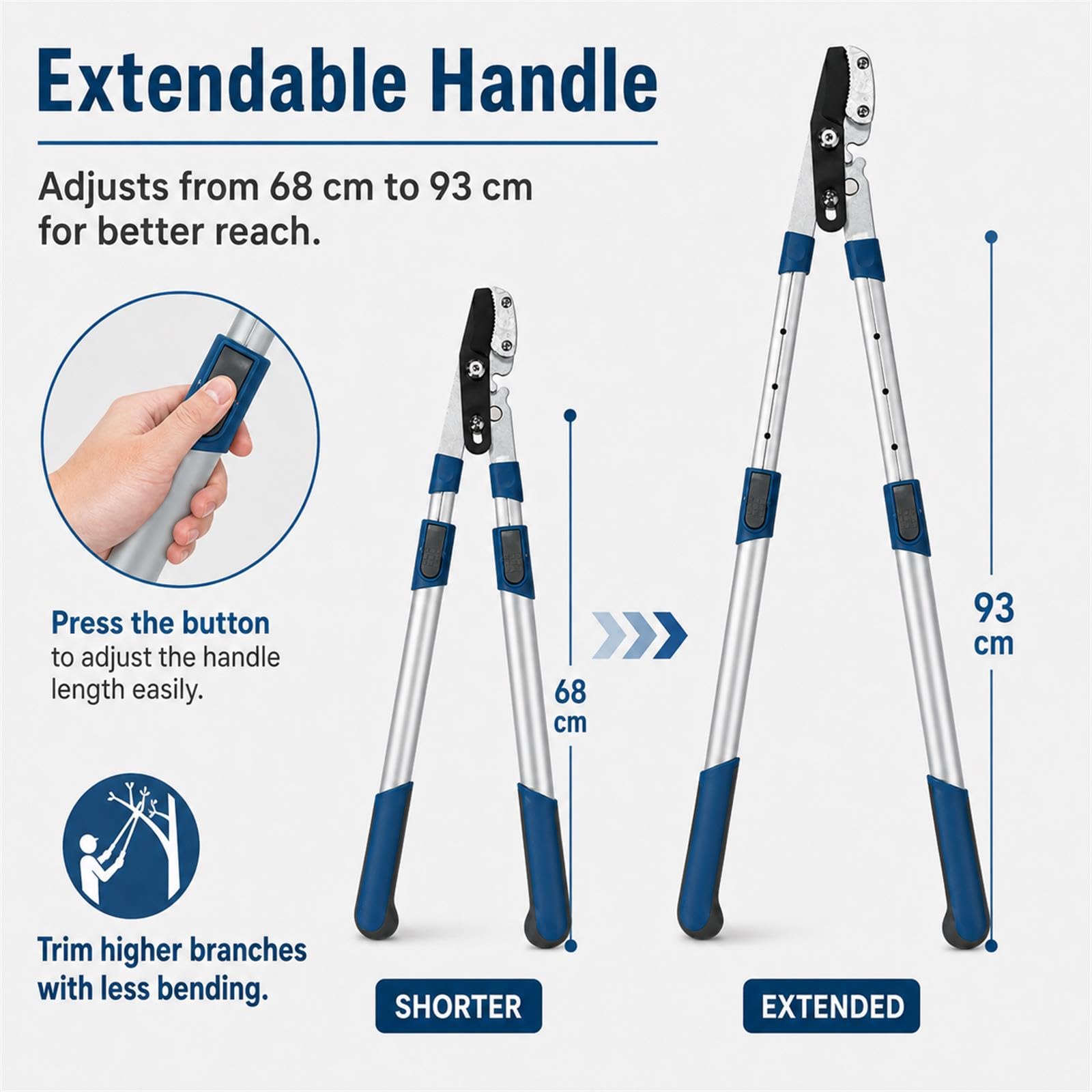 GOOGO Sécateur télescopique 68-93 cm, robuste, avec lames en acier au carbone SK5 et revêtement antiadhésif en téflon, poignée extensible, pour l'élagage des branches épaisses