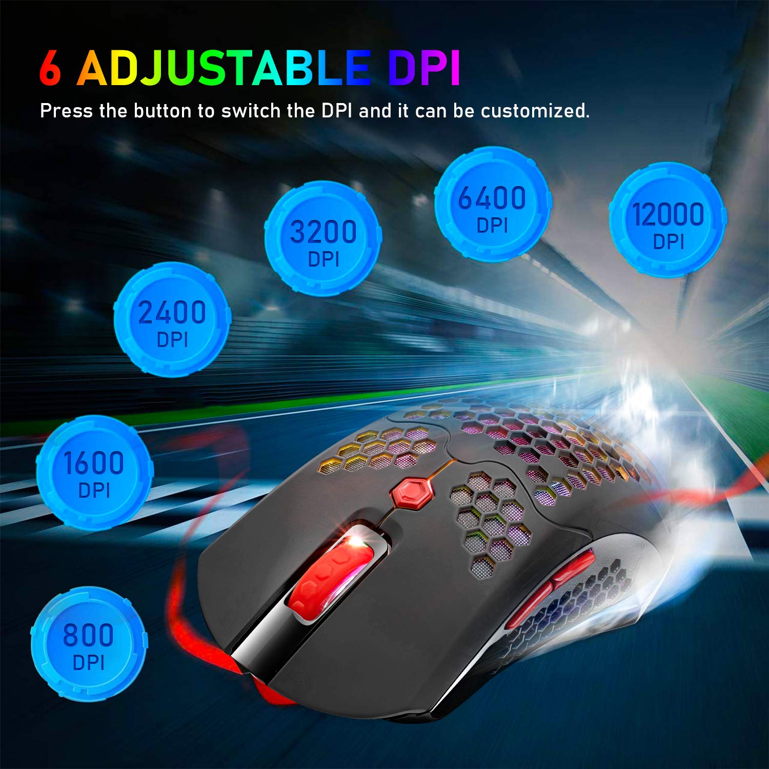 ZIYOU LANG Mouse da gioco leggero cablato/wireless, 16 mouse retroilluminati RGB con driver programmabile a 7 pulsanti, PAW3325 12000DPI, batteria ricaricabile 800 mA, mouse leggero a nido d'ape per