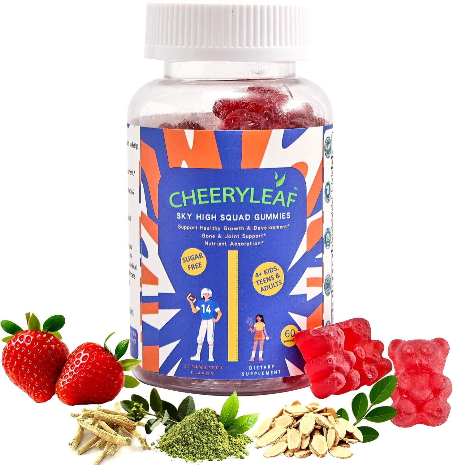 Height Growth Gummies for Kids & Teens – Sugar Free – Calcium, Prebiotic FOS, Magnesium, Vitamin D3, K2, Zinc, Ashwagandha – Bone Strength, Gut Health & Height Support Multivitamin – Strawberry Flavor