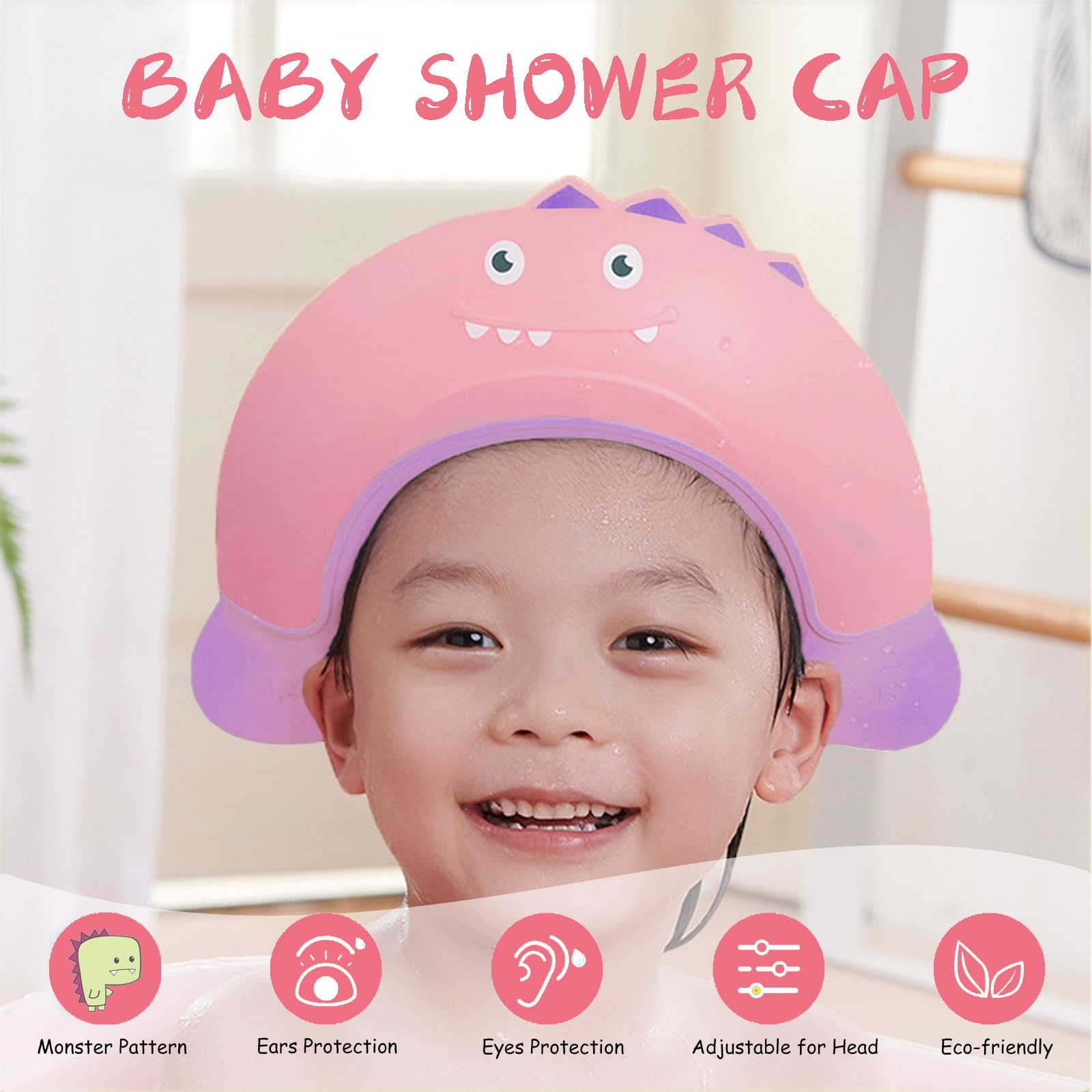 Shower Caps for Kids KAMHBE Baby Shower Cap Shield Adjustable Hair Washing Shampoo Shield Baby Visor for Eyes Ears and Face (Pink-monster) - Image 2