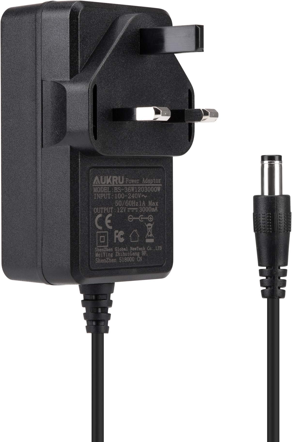 Aukru 12V 3A Power Supply AC to DC 5.5mm Adapter 36W Transformer Charger for Mighty Vaporizer, LED Strip Lights, CCTV Security Camera DVR NVR, LCD Monitor TV, Roberts Radio Power Charger
