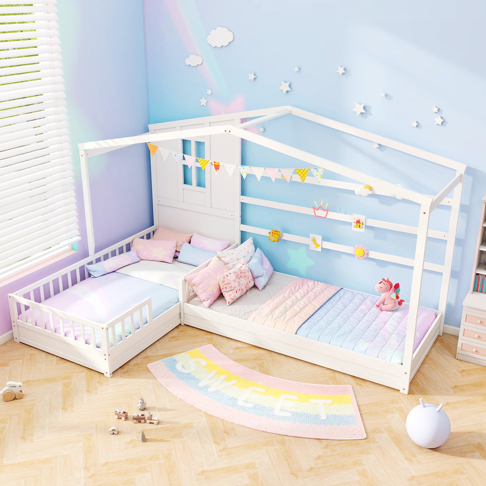 Amazon.com: Giantex Double Twin Beds for Kids, House L-Shaped